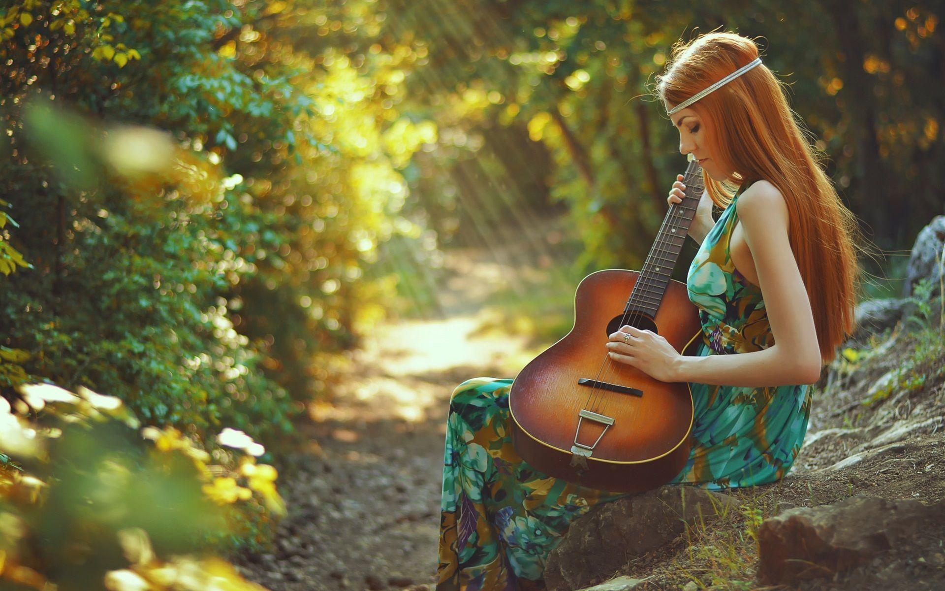 1920x1200 Spring, redhead girl, guitar, forest, sun rays wallpaper 1920x1200