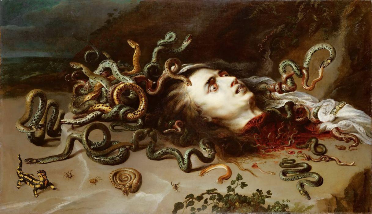 1217x700 Medusa serpent snake blood fantasy dark horror wallpaper