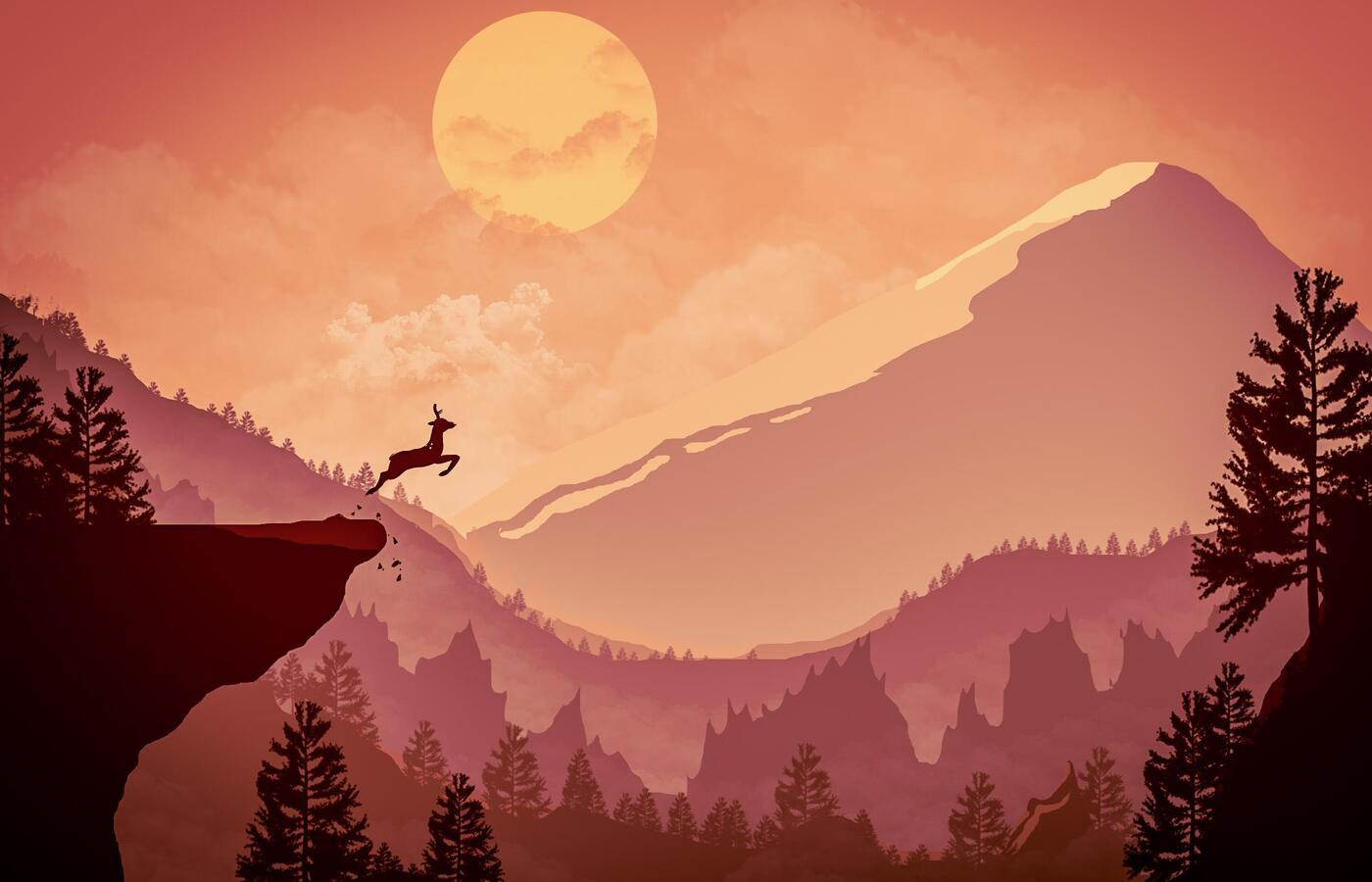 1400x900 Deer Jumping Out From Mountain Minimalism 1400x900