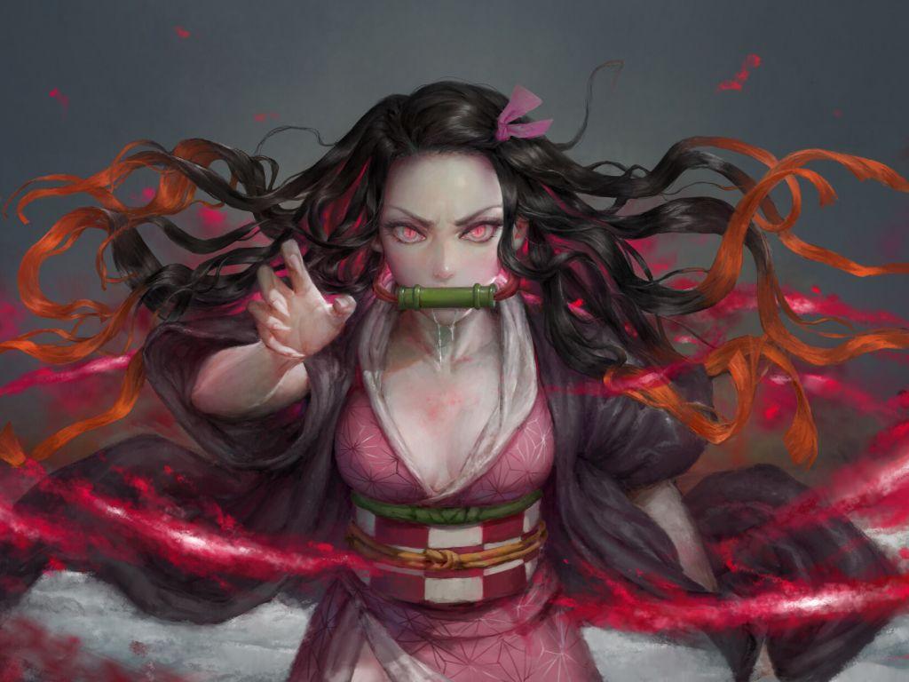 1024x768 Desktop wallpaper anime girl, angry, nezuko kamado, kimetsu no