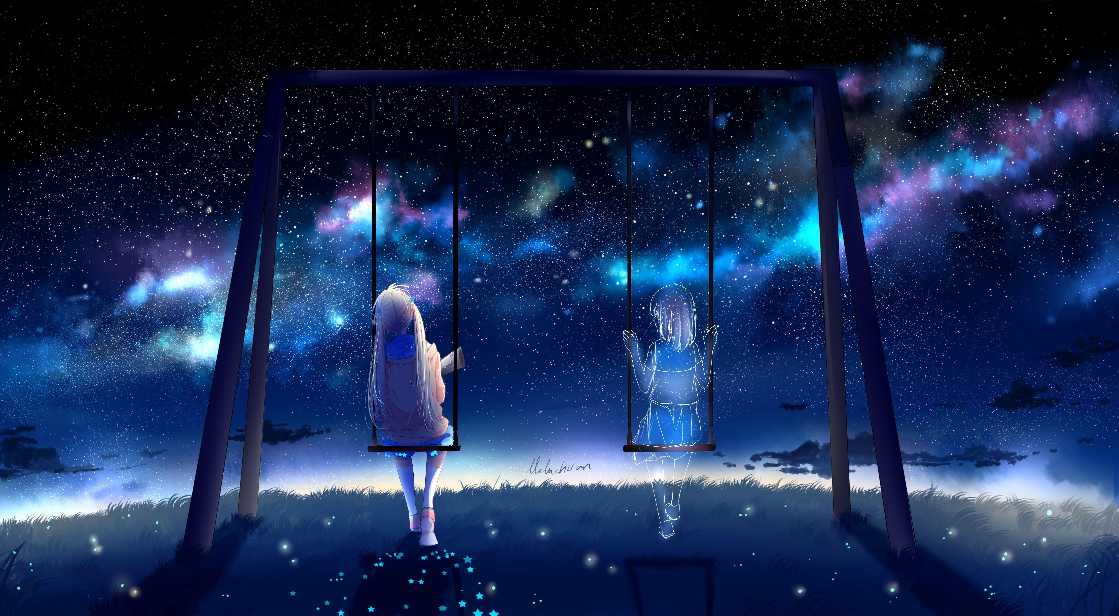 4507x2480 Anime Girls Swing Friends Stars Lonely Sky Anime. สาวอนิเมะ, พื้น