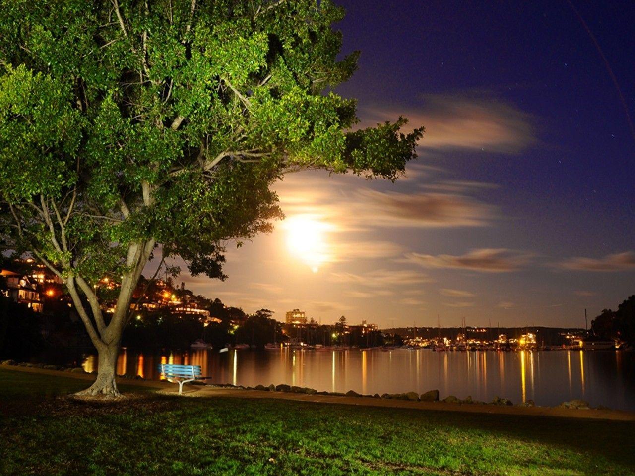 1280x960 Lakes: Lights Full Sky Bench Houses Boats Pretty Romance Stars