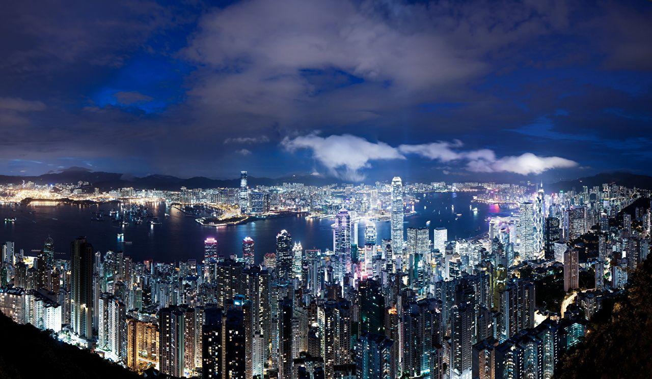 1280x745 Picture Hong Kong China Megapolis Sky night time From above Cities