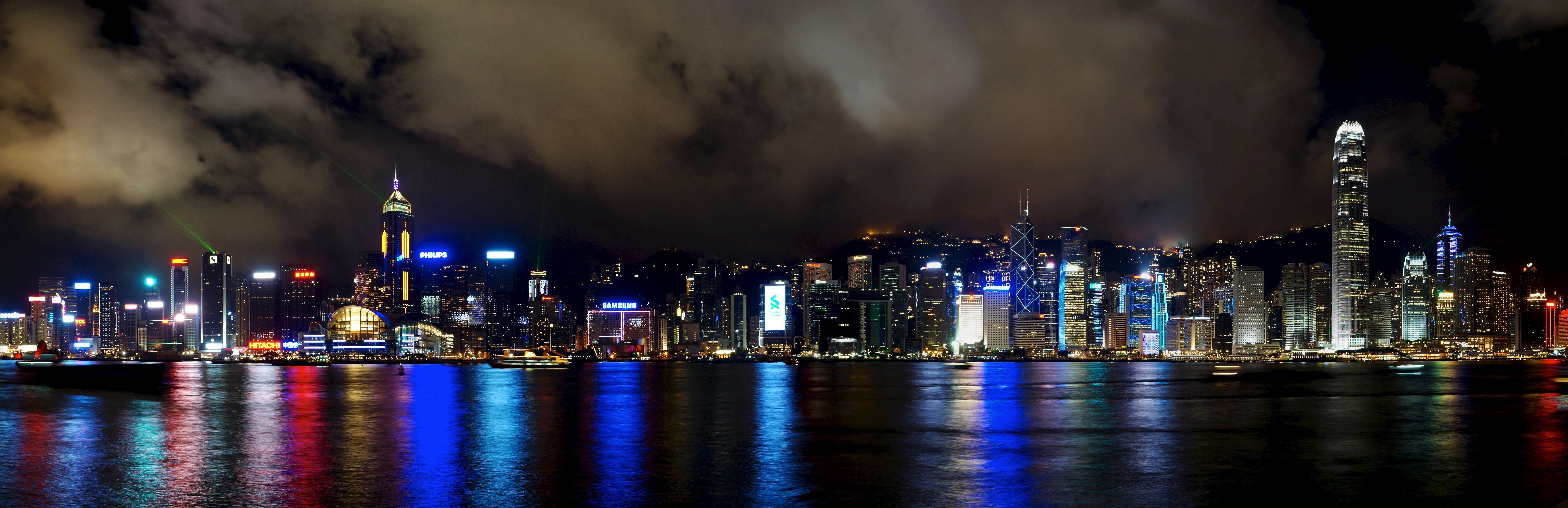 9343x3030 Panoramic photo of city lights, hong kong, china, 香港, 中国 HD