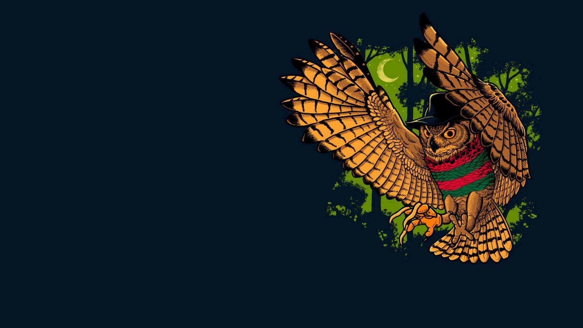 1920x1080 Wallpaper owl, bird, freddy krueger, minimalism