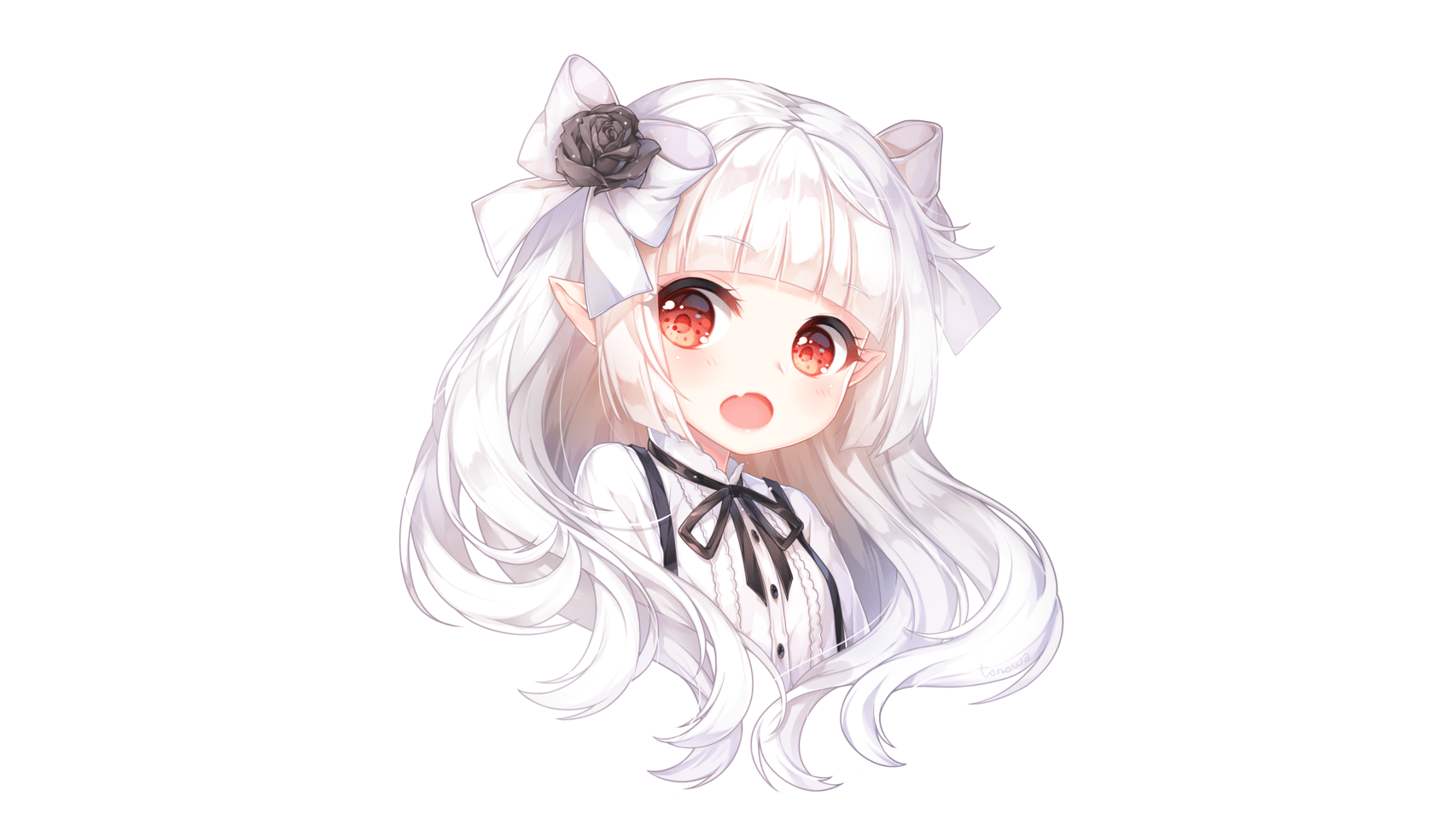 1706x960 Download 1706x960 Anime Girl, Chibi, White Hair, Elf Ears, Red