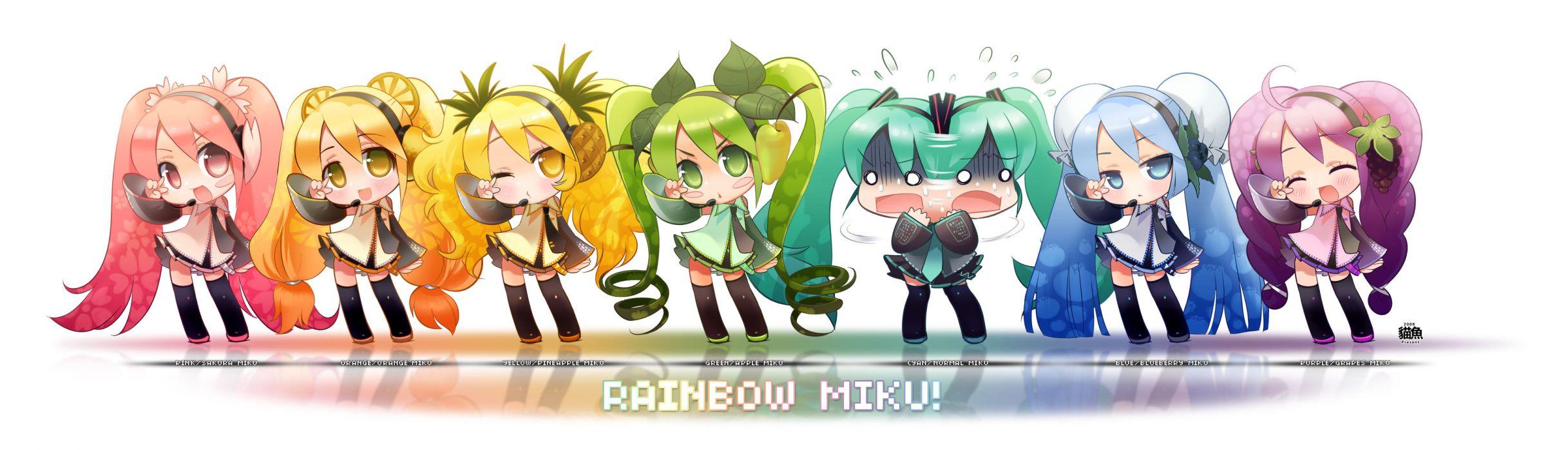 2434x700 Vocaloid Hatsune Miku chibi rainbows pigtails anime girls detached sleeves wallpaperx940