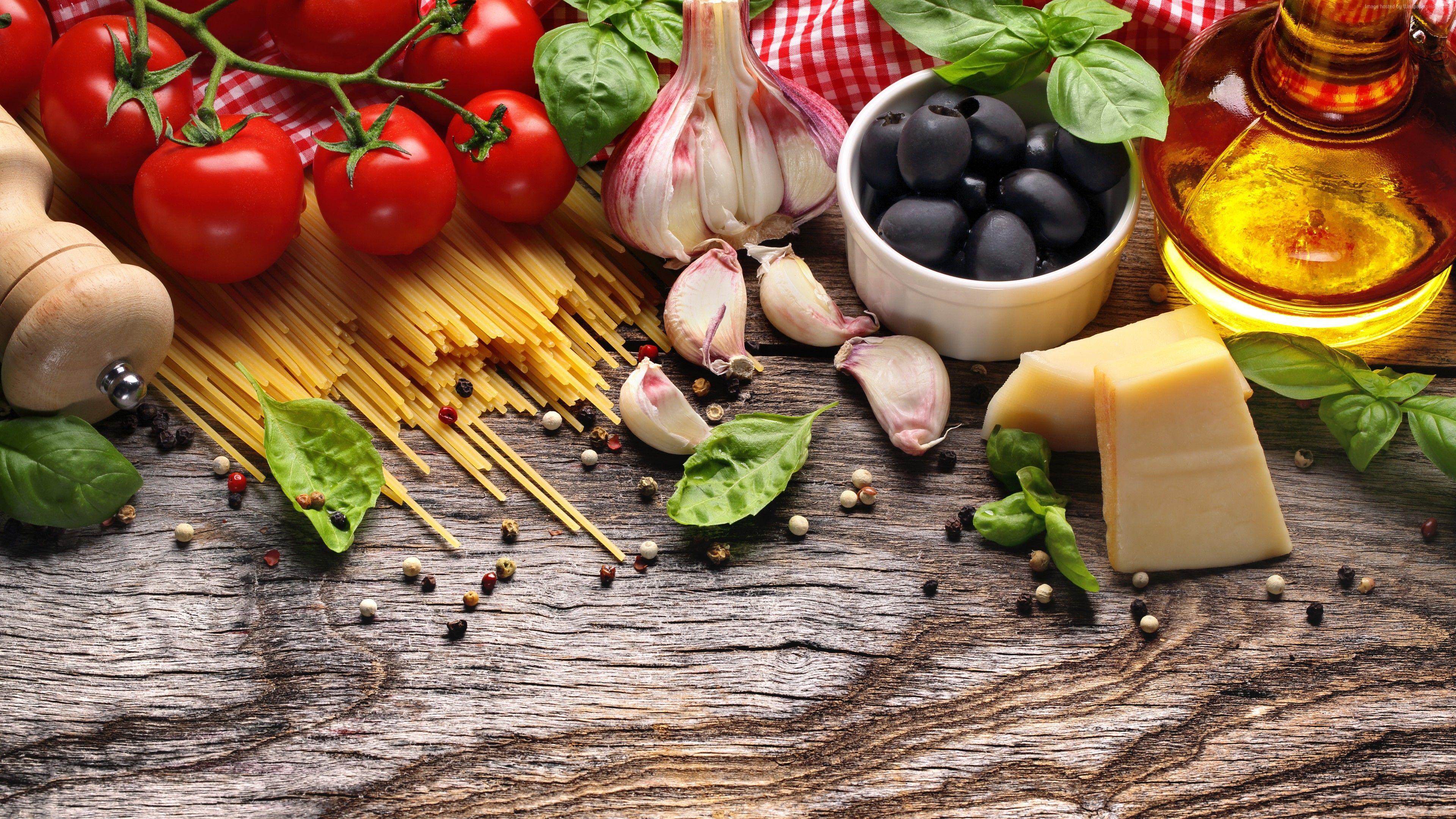 3840x2160 Wallpaper pasta, tomato, olives, garlic, olive, 5k, Food Wallpaper