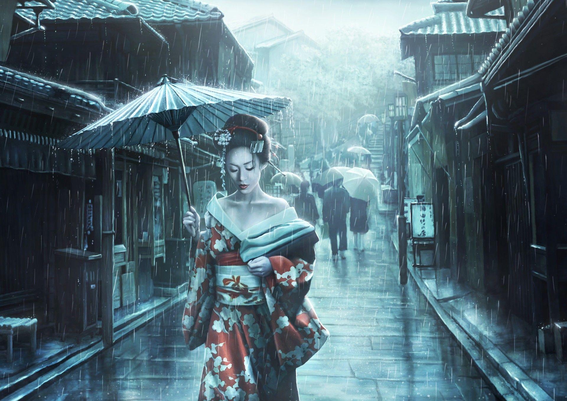 1920x1357 artwork, Women, Asian, Asian architecture, Rain, Geisha, Street