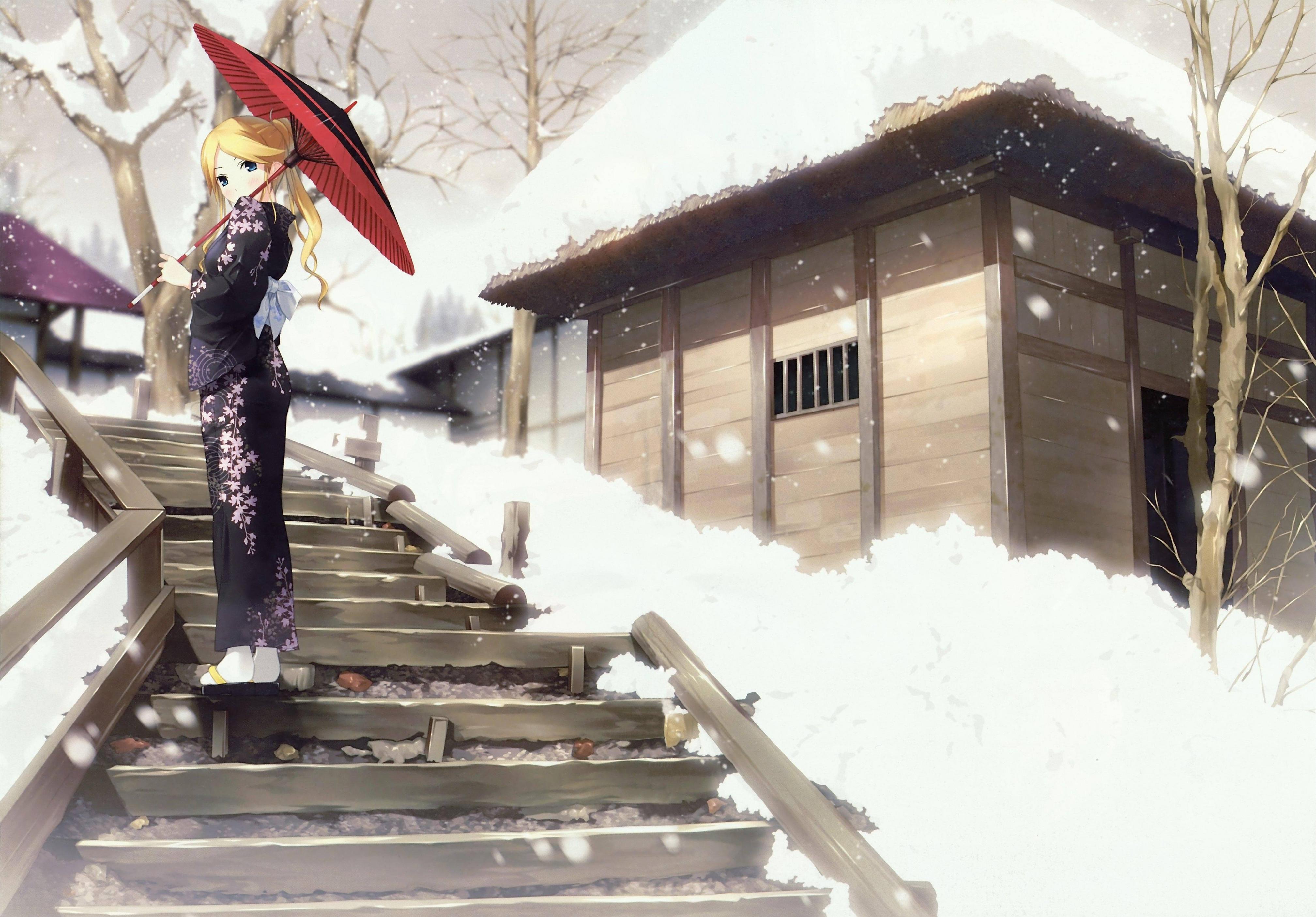 5042x3513 Sayonara Zetsubou Sensei snow artwork anime umbrellas Japanese