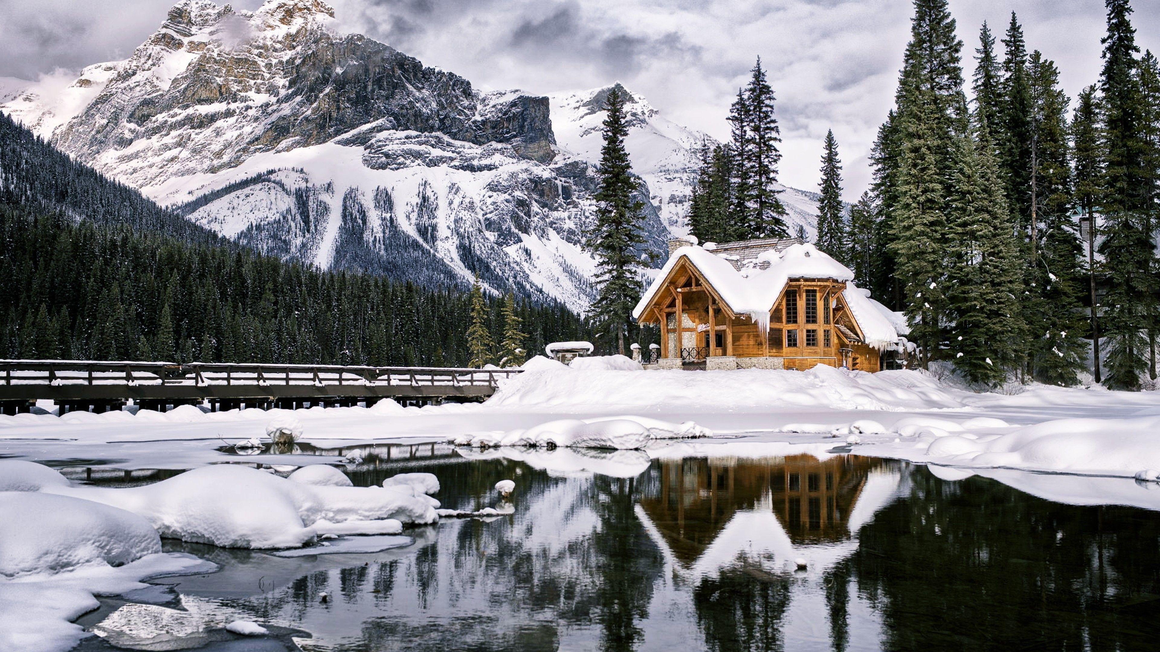 3840x2160 Wallpaper mountains, house, lake, trees, winter, 4k, Nature