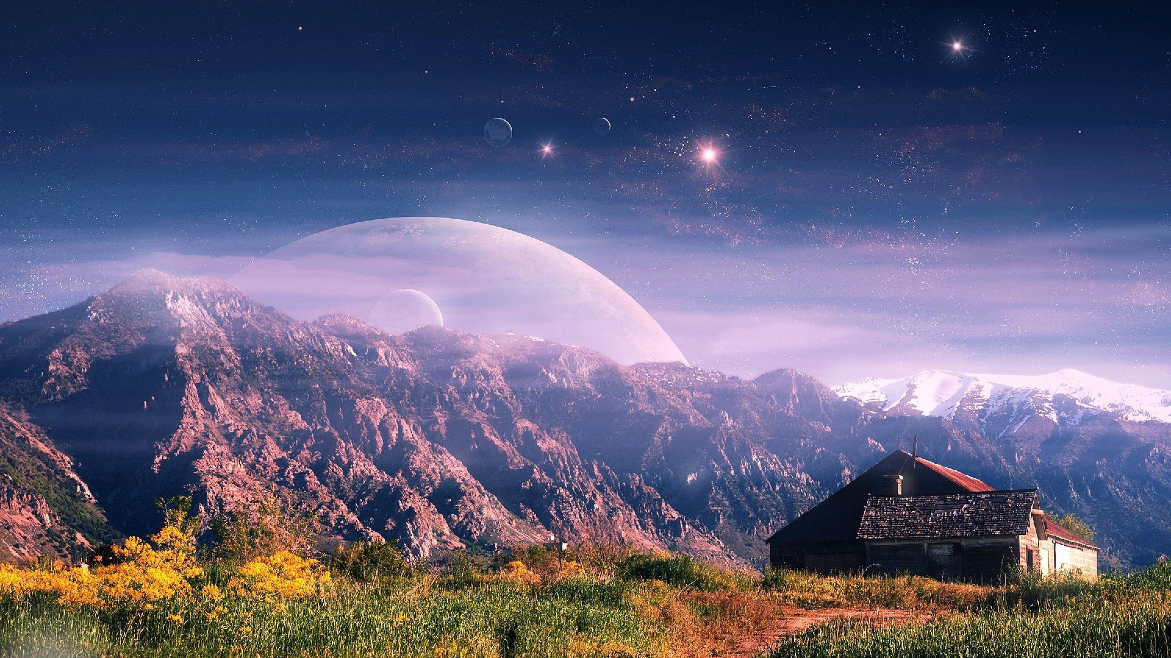 3840x2160 Mountain House Fantasy, HD Digital Universe, 4k Wallpaper, Image