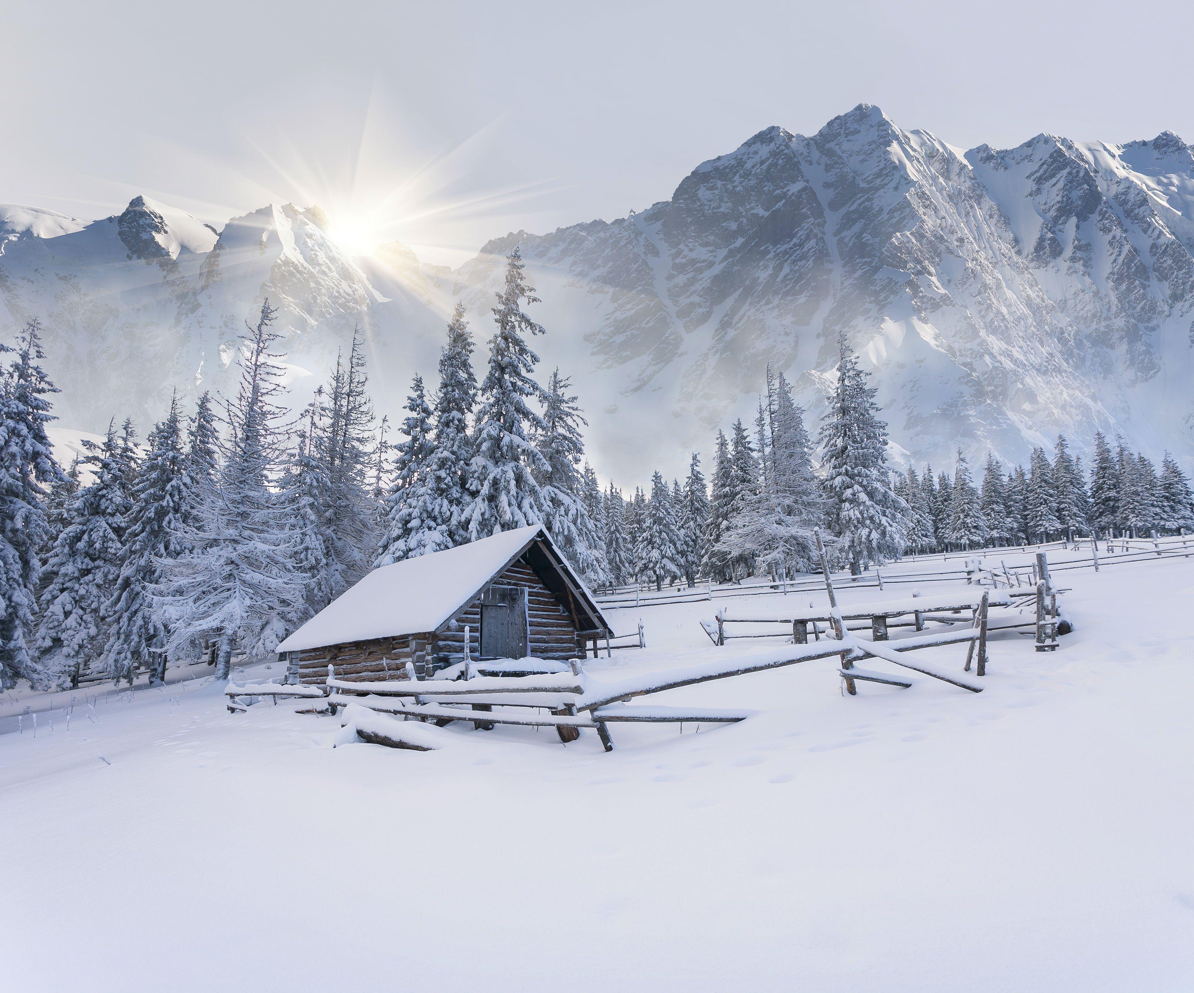 4000x3328 Winter snow house mountains wallpaperx3328