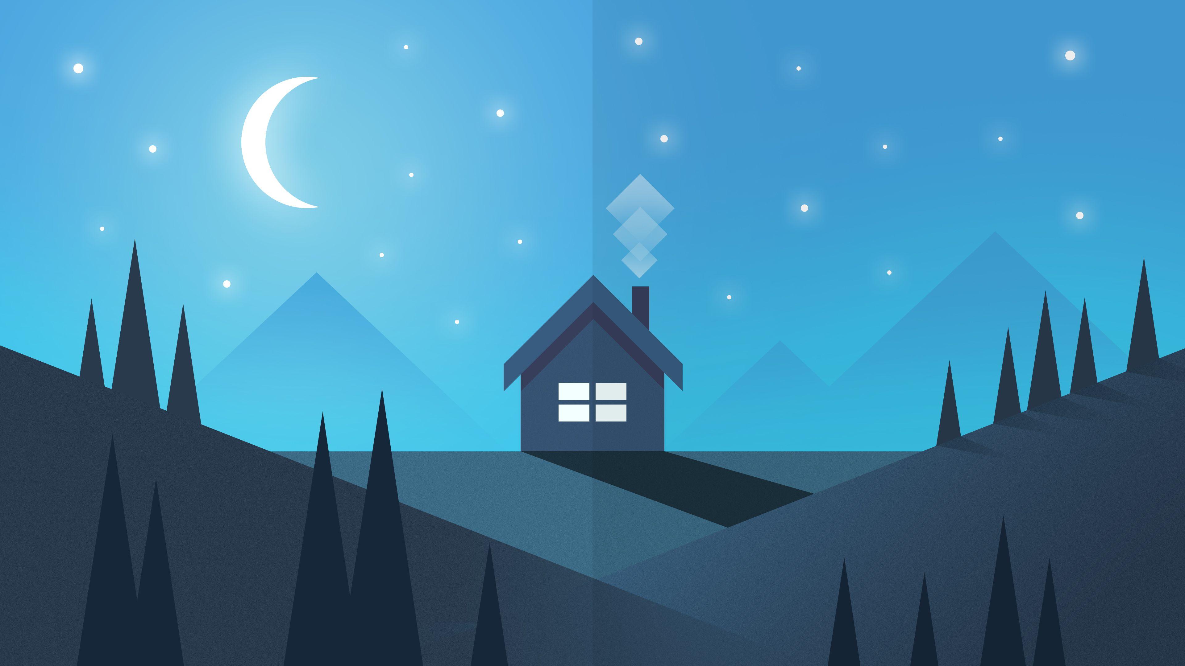 3840x2160 House Mountain Trees Moon Illustration, HD Artist, 4k Wallpaper