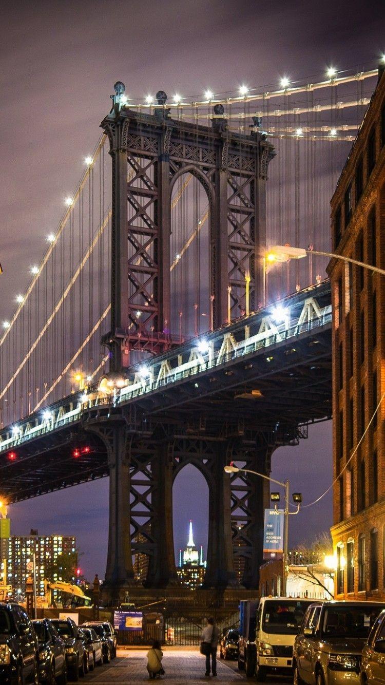 750x1334 Download 750x1334 Brooklyn Bridge, Night, Lights, Cars, Buildings
