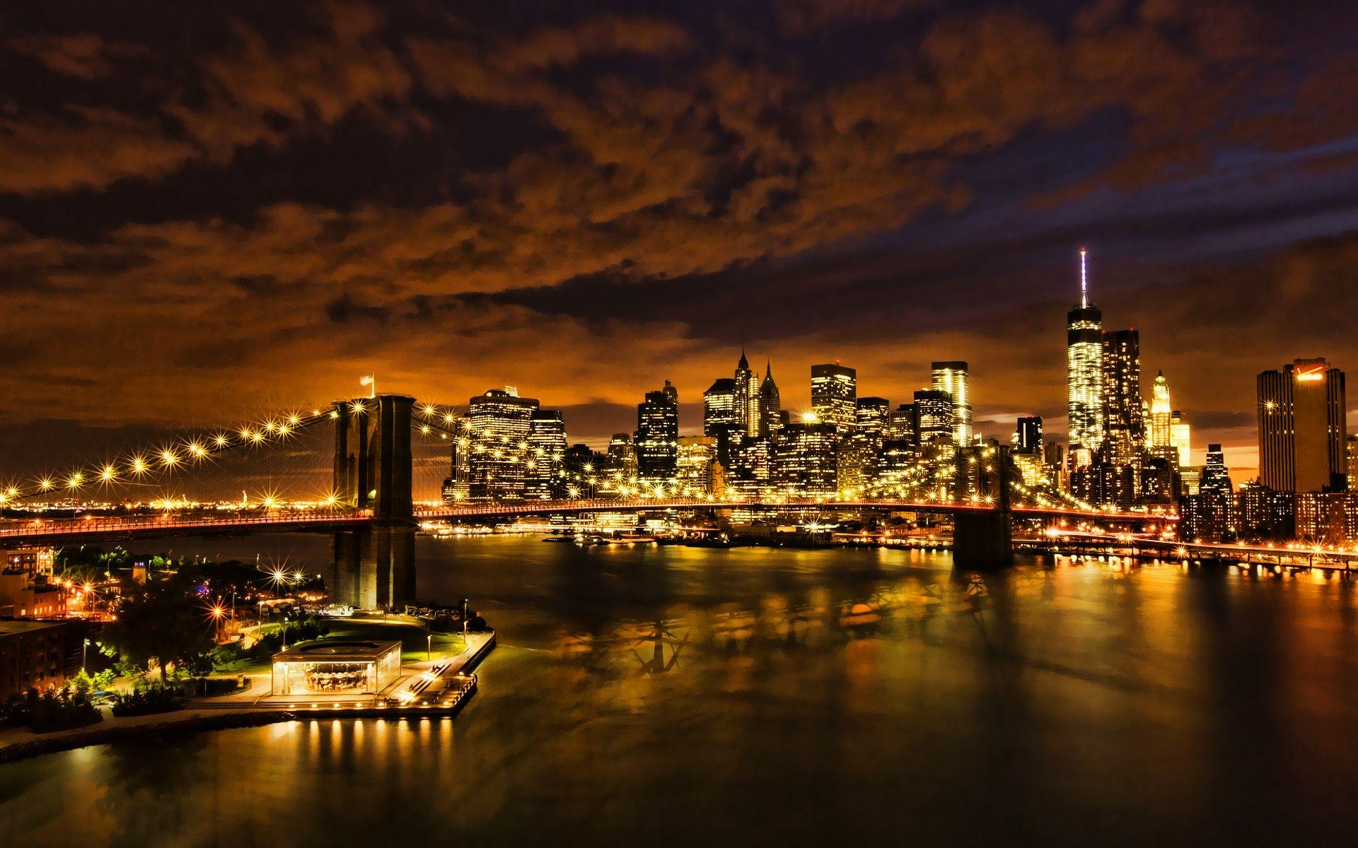 1920x1200 Download wallpaper New York at night, Brooklyn Bridgeь Manhattan