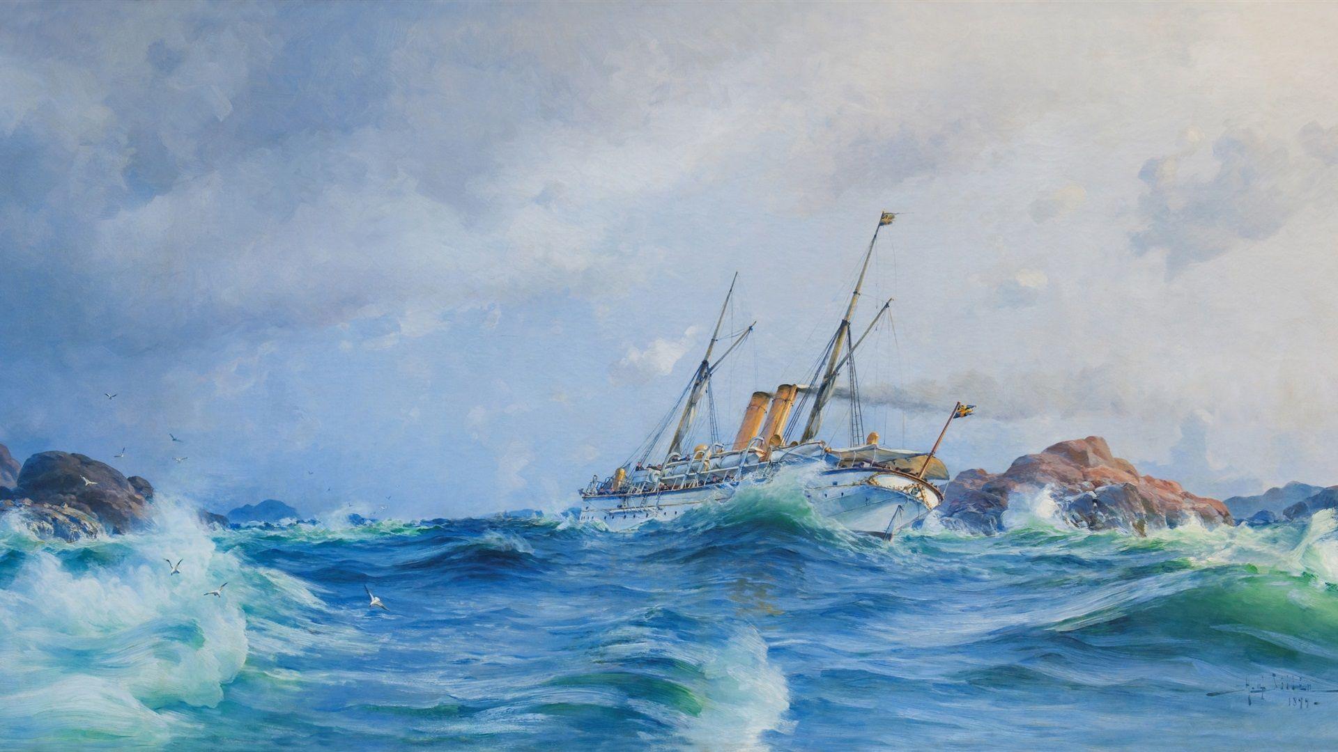 1920x1080 Wallpaper Watercolor painting, sea waves, battleship, ocean