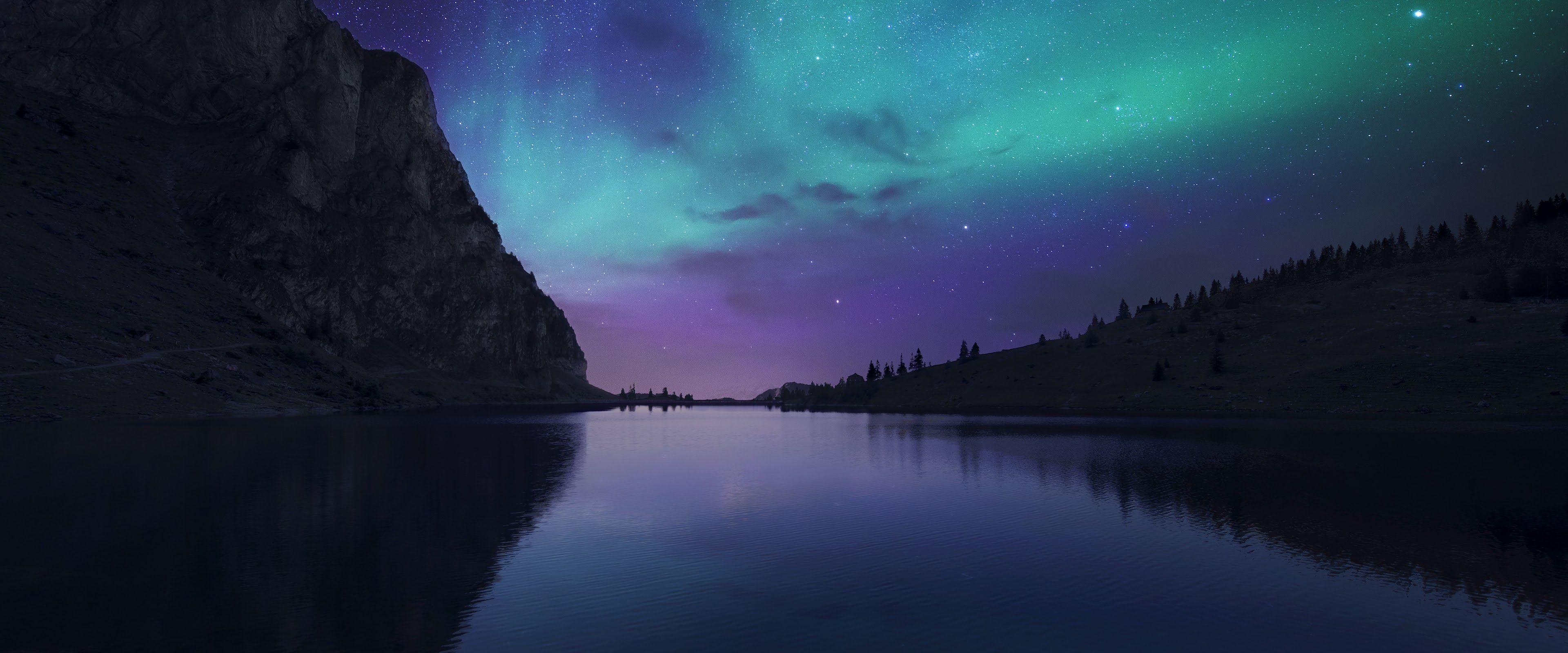 3840x1600 Aurora Borealis Night Sky Stars Lake Nature Scenery 4K Wallpaper