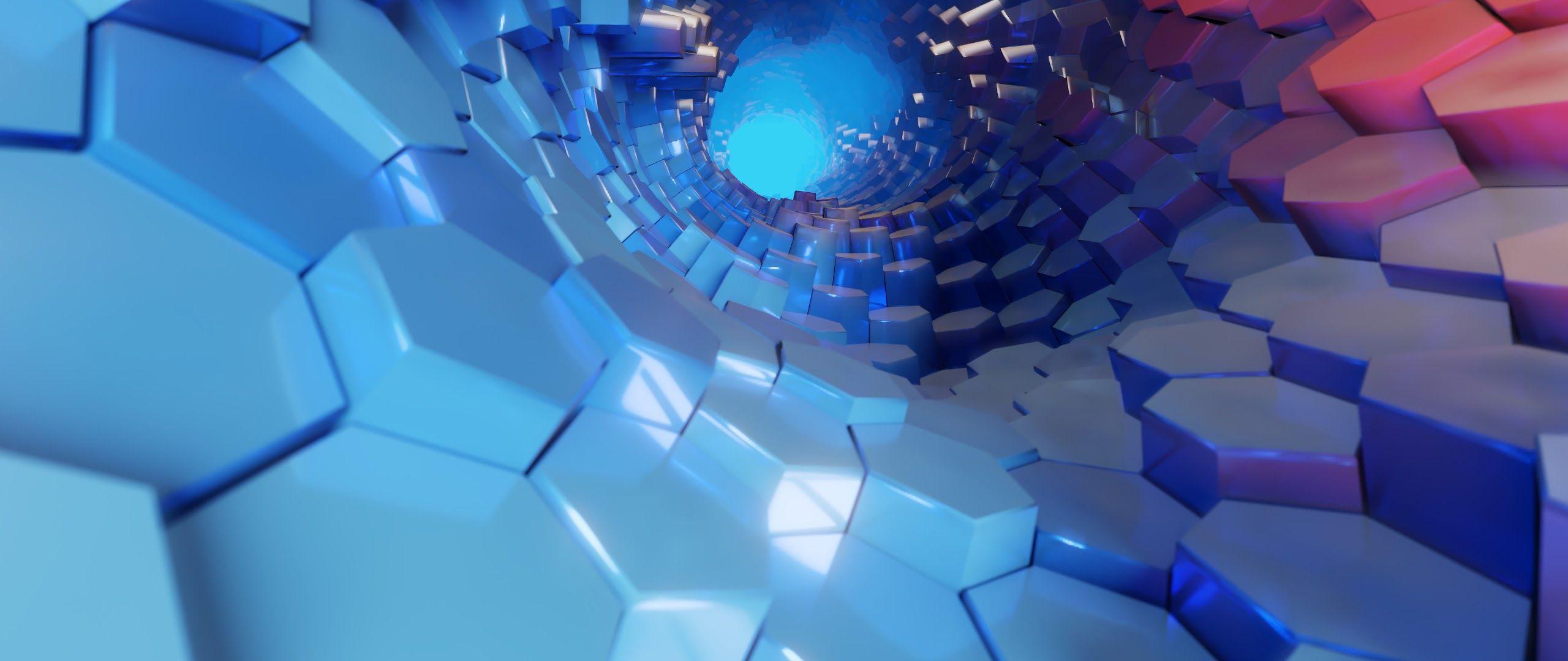 2560x1080 Hexagon 3D Blue Abstract 4K Wallpaper