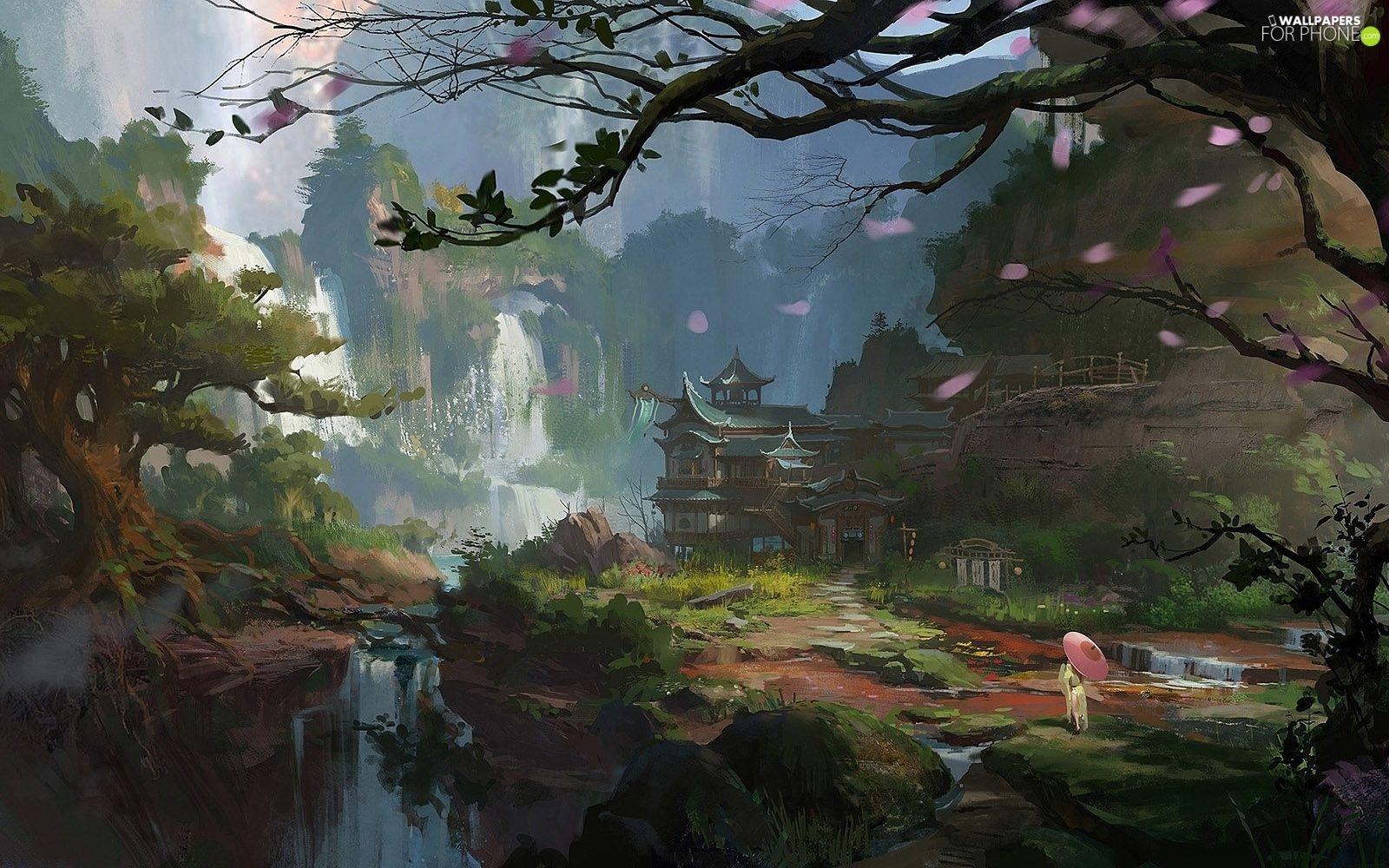 1600x1000 picture, painting, Mountains, River, girl, umbrella, japanese