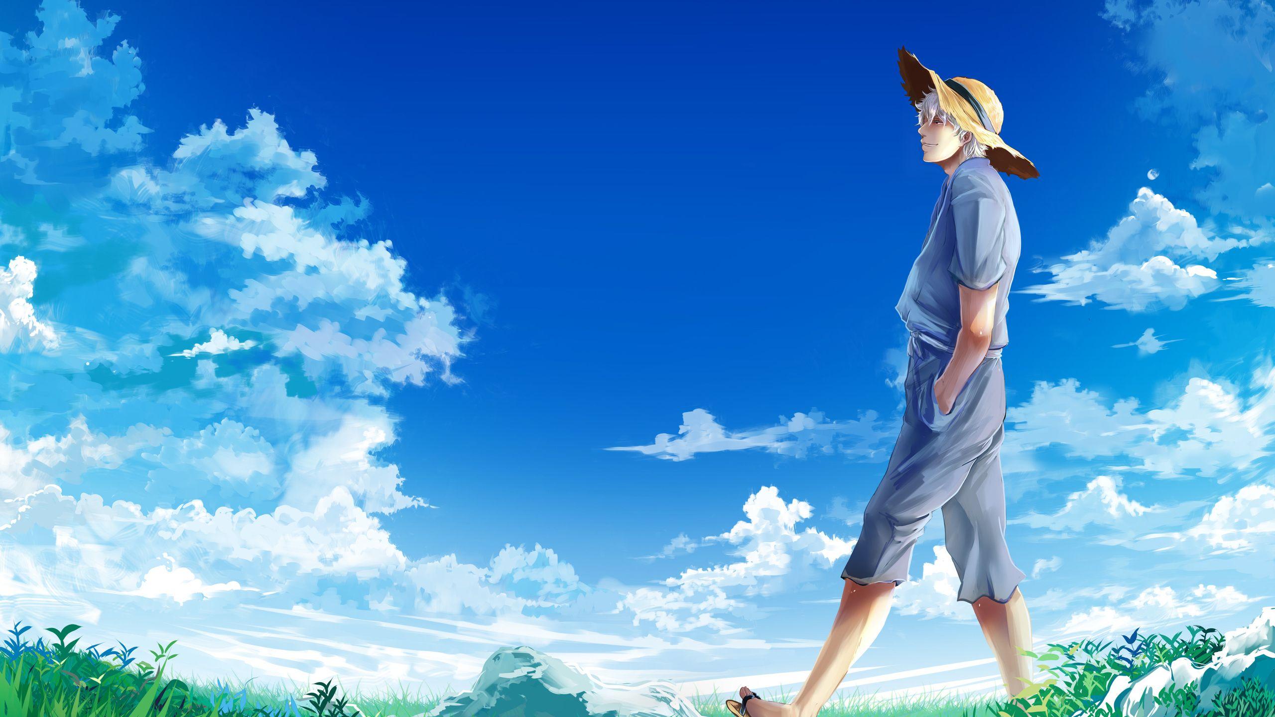 2560x1440 hat, the sky, clouds, guy, gintama, meadow, gintama, sakata gintoki desktop wallpaper 1579