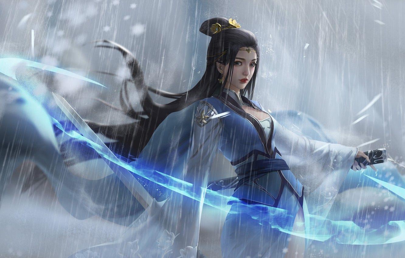 1332x850 Wallpaper Girl, Rain, Asian, Girl, Sword, Dress, China, Fantasy, Asian, Fiction, Rain, The shower, Chinese, Sword, Dress, Chinese image for desktop, section арт
