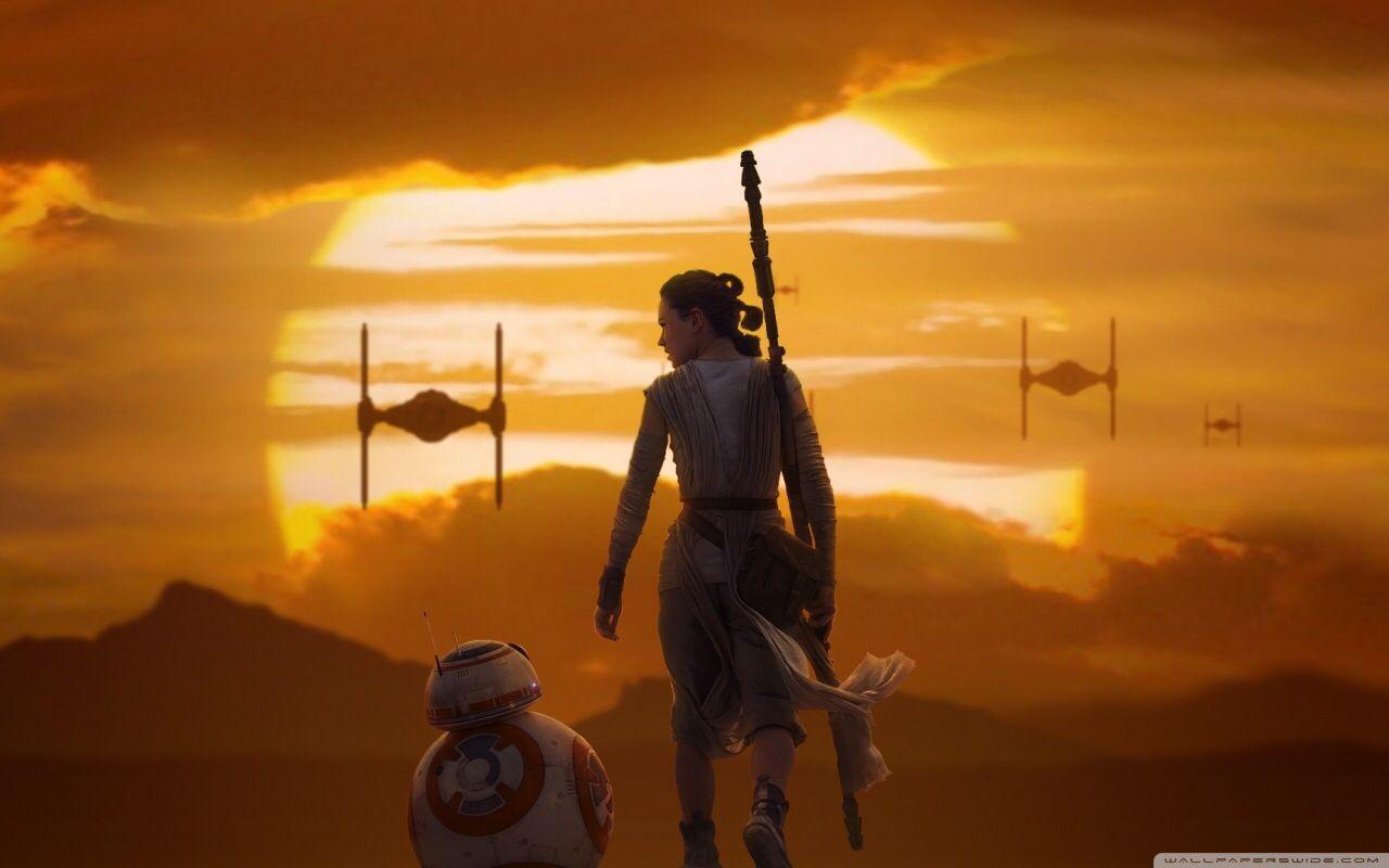 1280x800 Rey And BB 8 On Jakku With First Order TIE Fighters Above