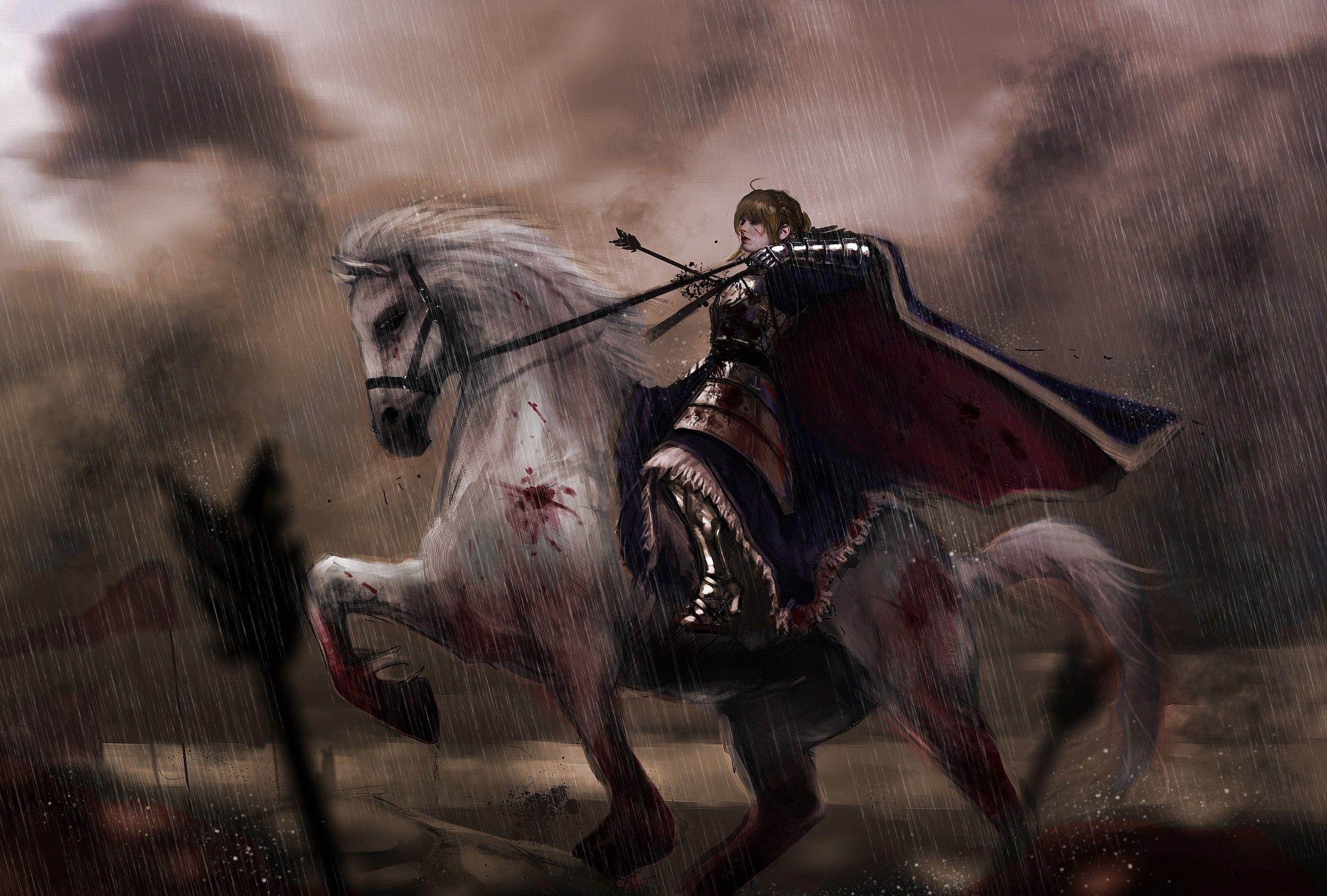 2500x1688 Download 2500x1688 Saber, Realistic, Battle, Horse, Raining, Fate