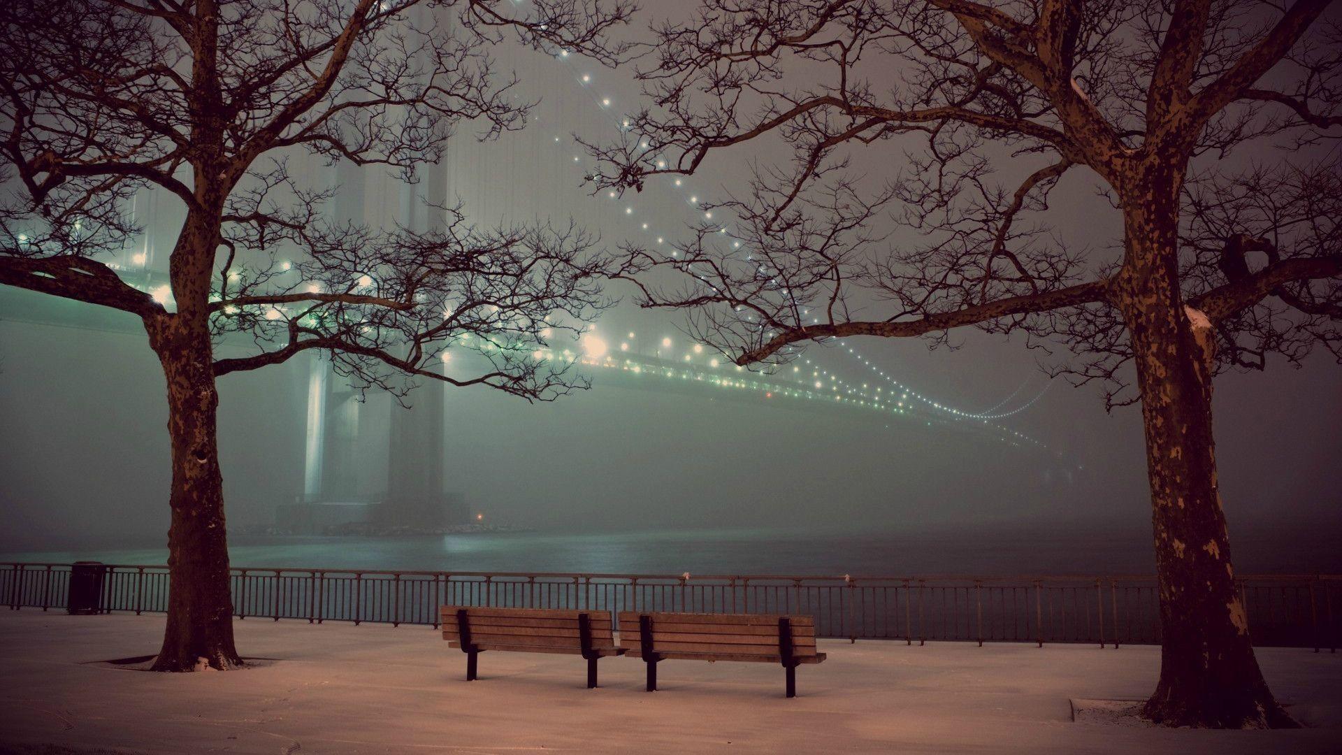 1920x1080 #New York City, #winter, #bench, #bridge, #architecture