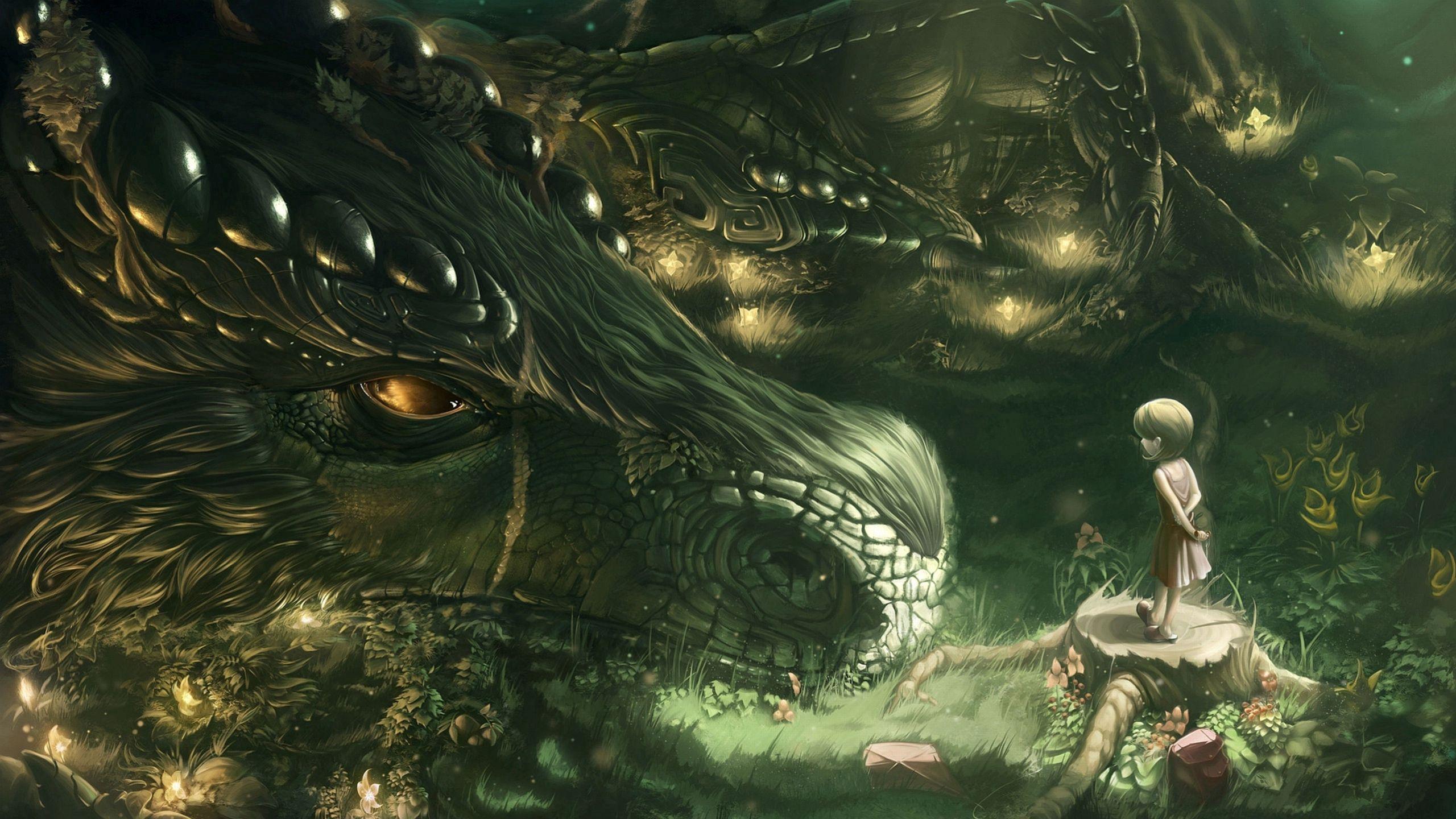2560x1440 Download wallpaper 2560x1440 dragon, girl, forest, art widescreen 16:9 HD background