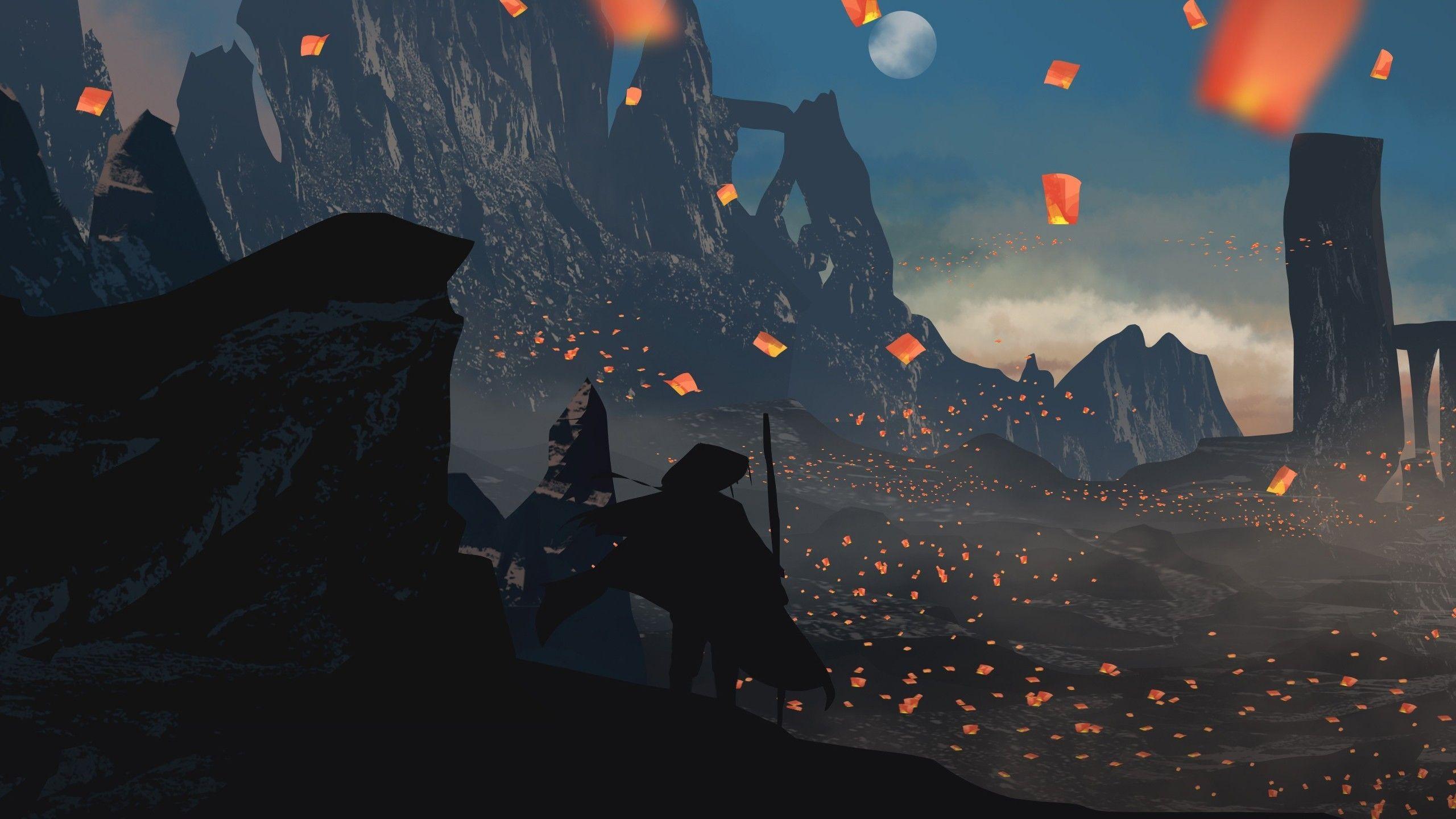 2560x1440 Download 2560x1440 Samurai Silhouette, Lanterns, Mountain
