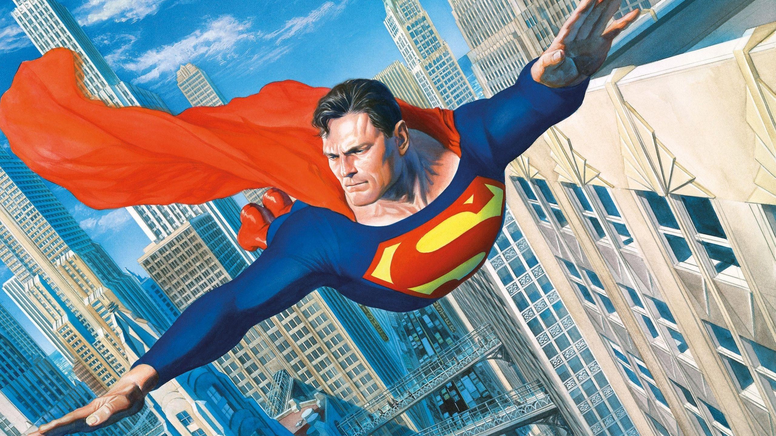 2560x1440 Download Superman, flight over city, cityscape wallpaper