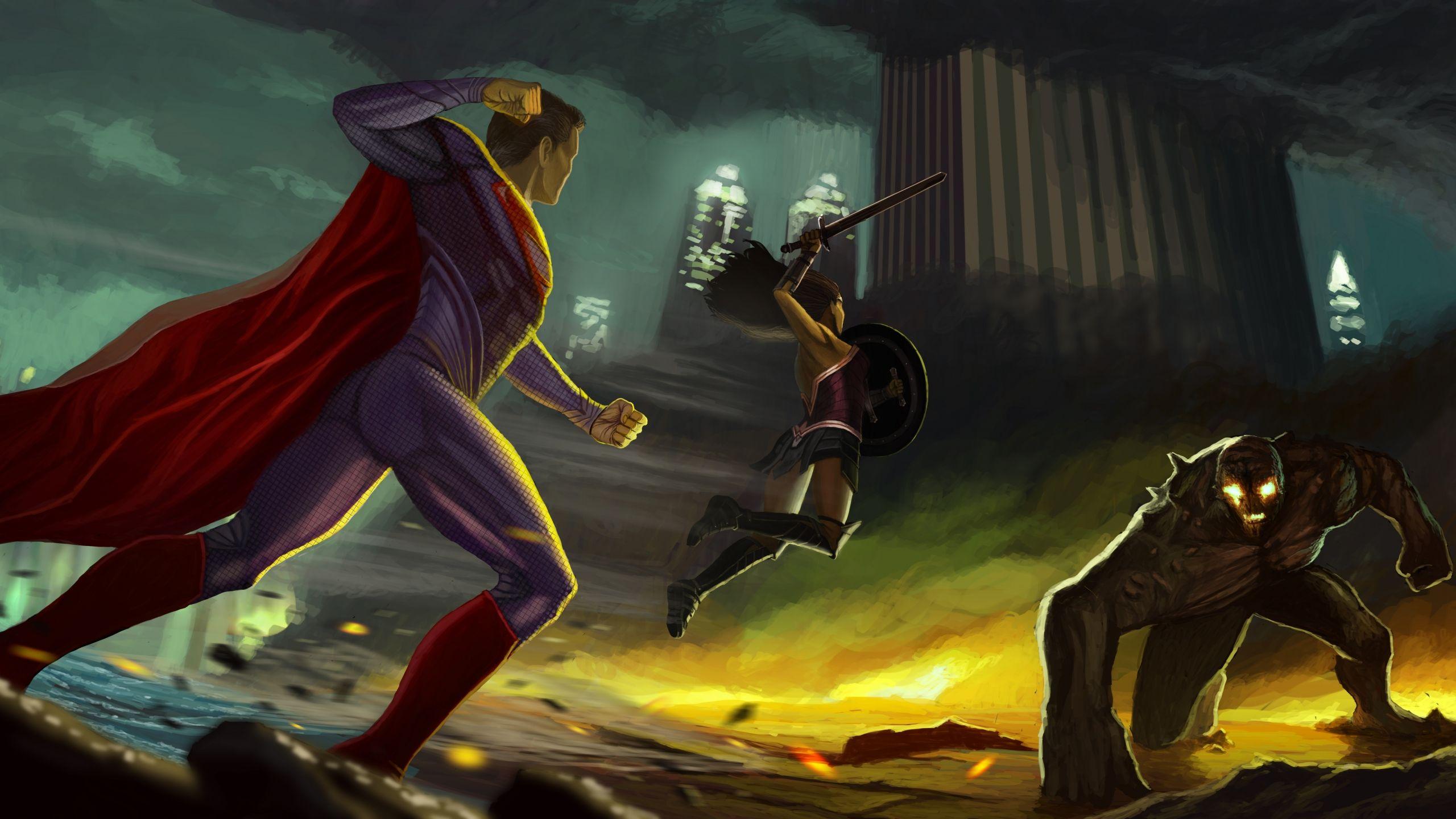 2560x1440 Download Wonder Woman Superman Fighting Against Doomsday