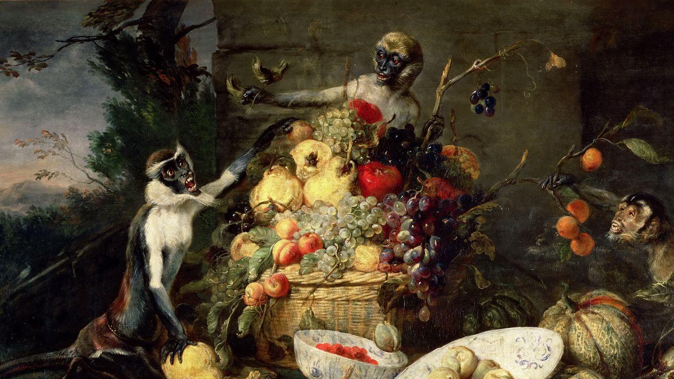1366x768 Download wallpaper 1366x768 frans snyders, monkeys stealing fruit