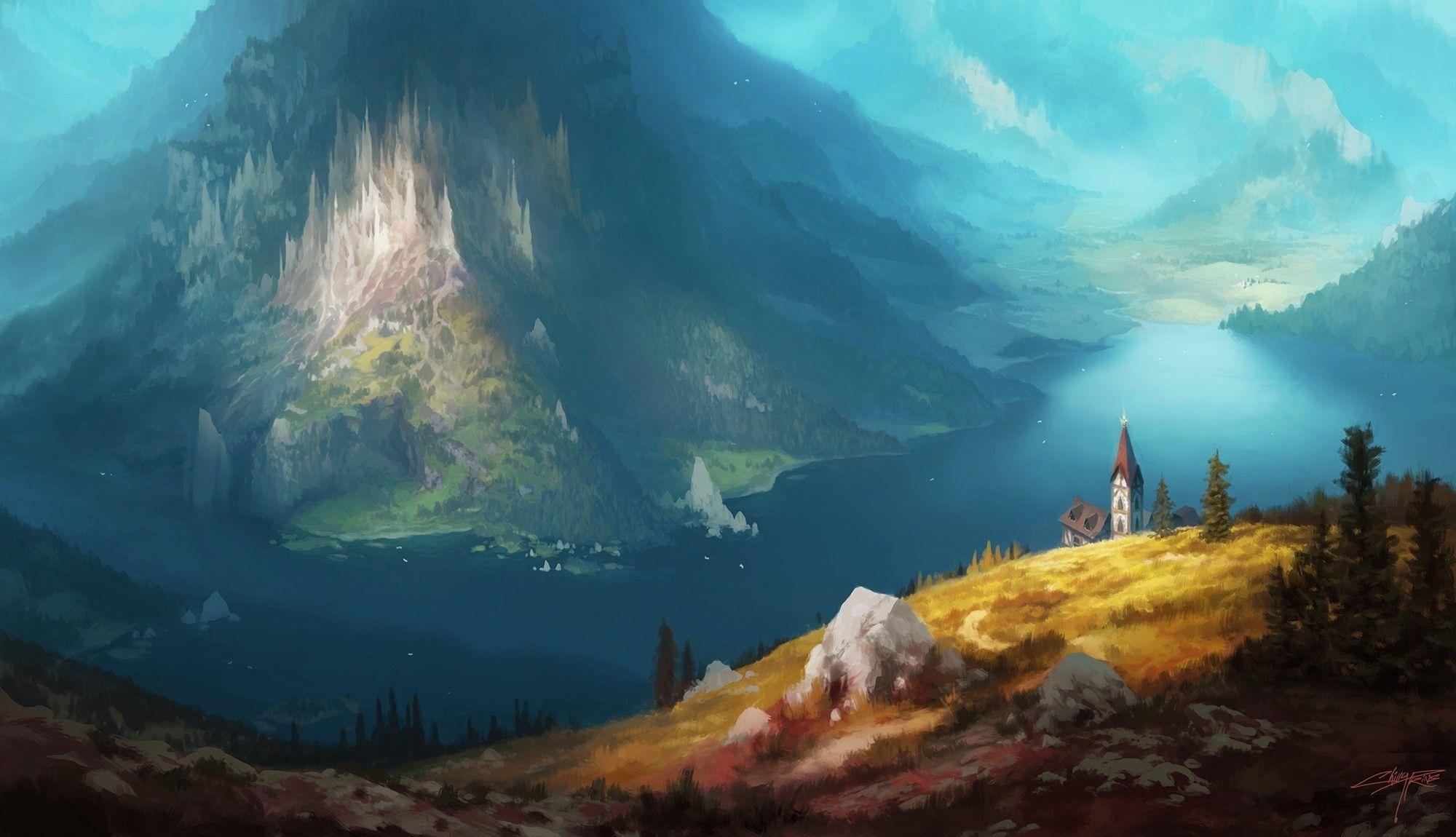 2000x1150 #church, #fantasy art, #hills, #lake, #mountains, #drawing