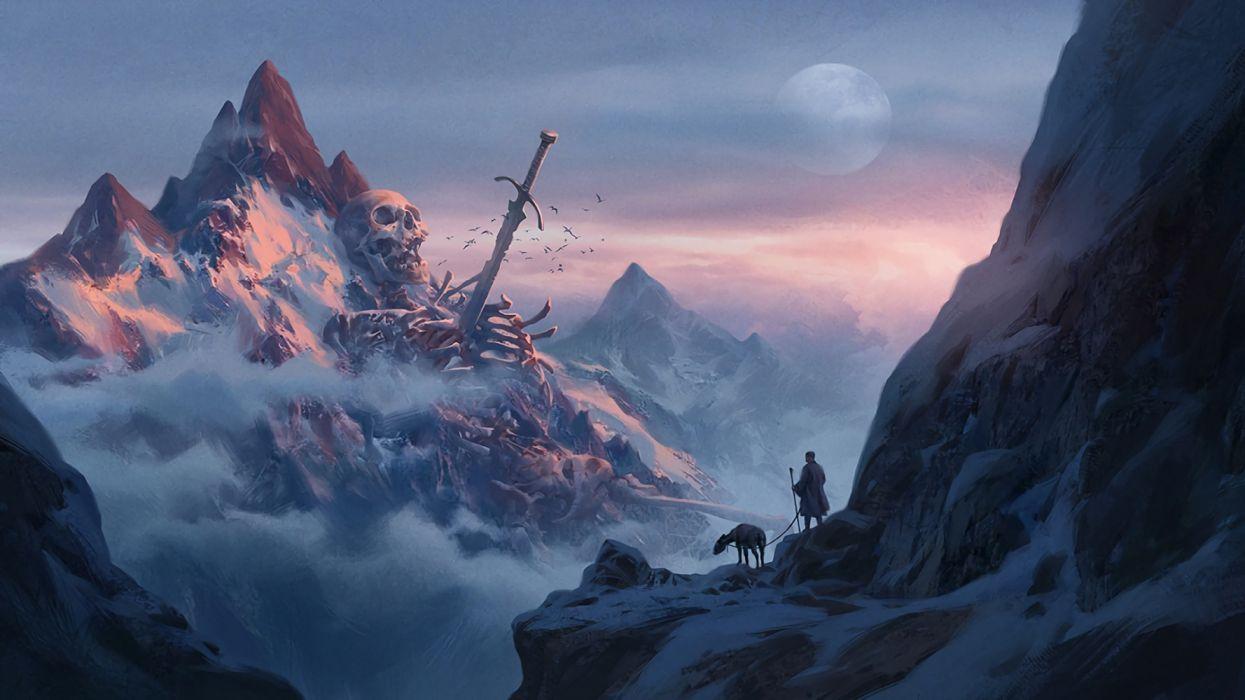 1245x700 Mountains animals men sky drawings fog fantasy skulls widescreen