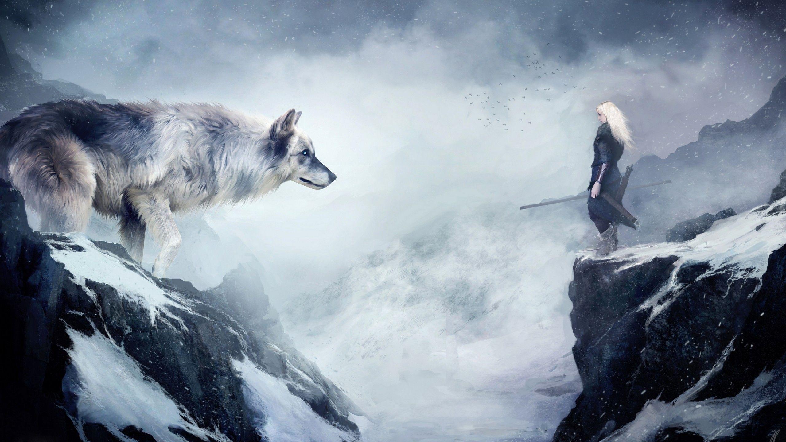 2560x1440 Wallpaper wolf, 4k, HD wallpaper, mountain, girl, animals, winter