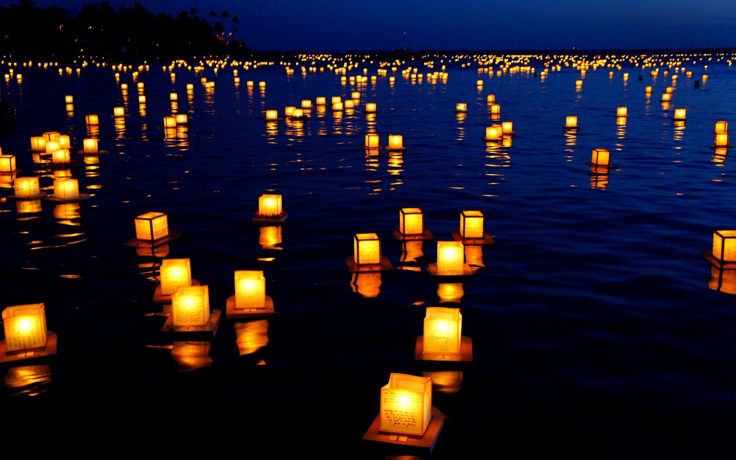 2560x1600 Oceans: Lanterns Sea Lake Beautiful View Night Amazing Floating