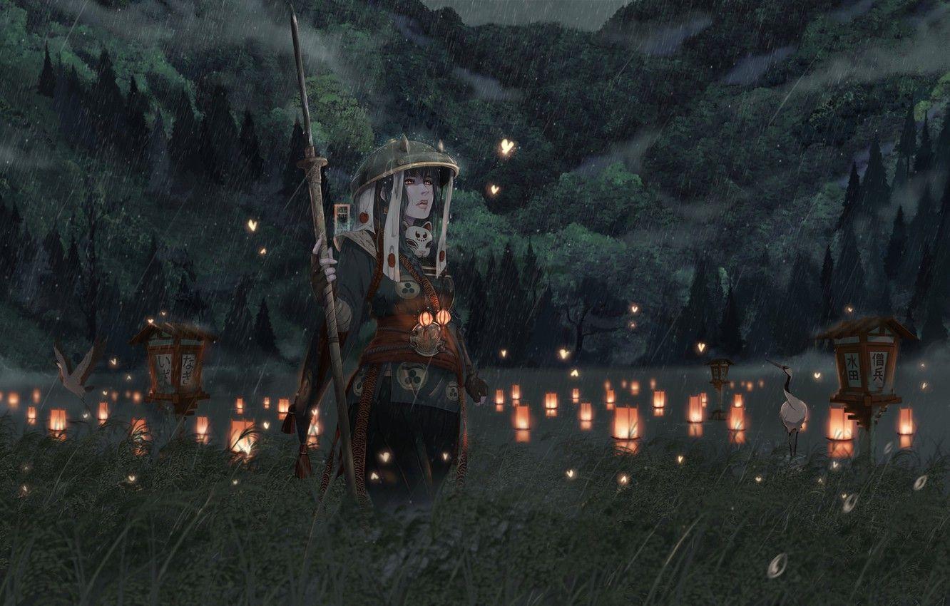 1332x850 Wallpaper Field, Japan, Fantasy, Art, Asian, Warrior, Rain, Ninja
