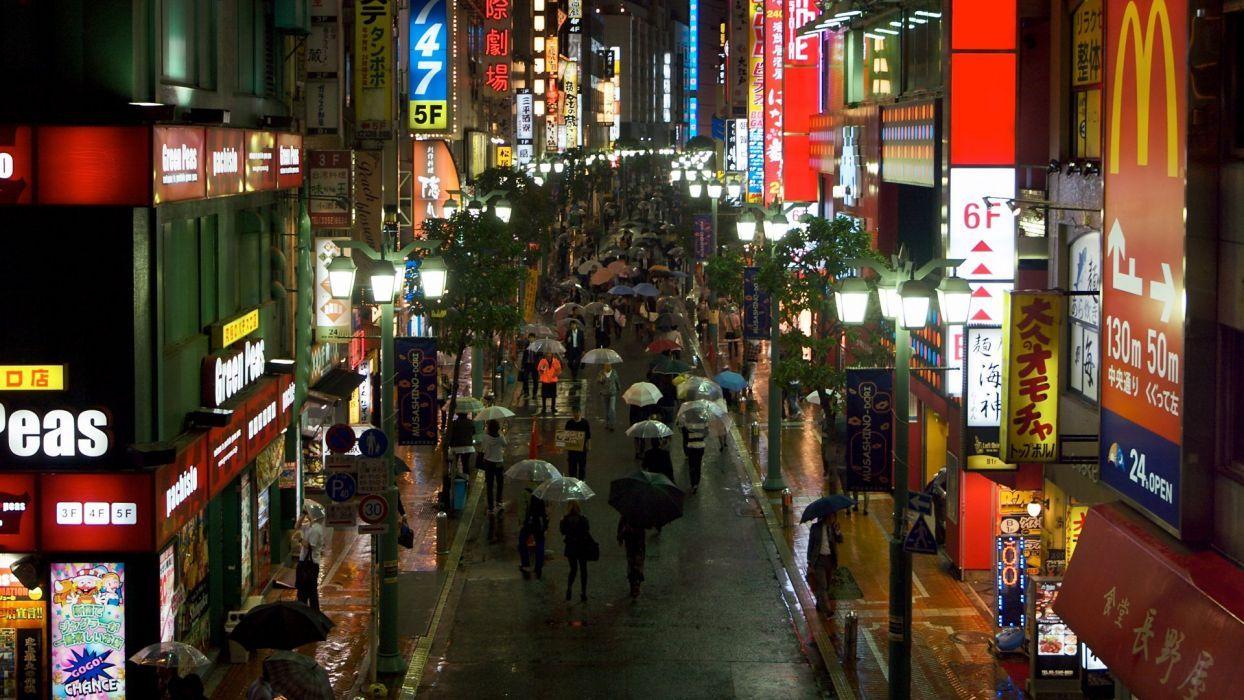 1244x700 Pedestrians cities umbrellas rain lights Japan wallpaperx1080