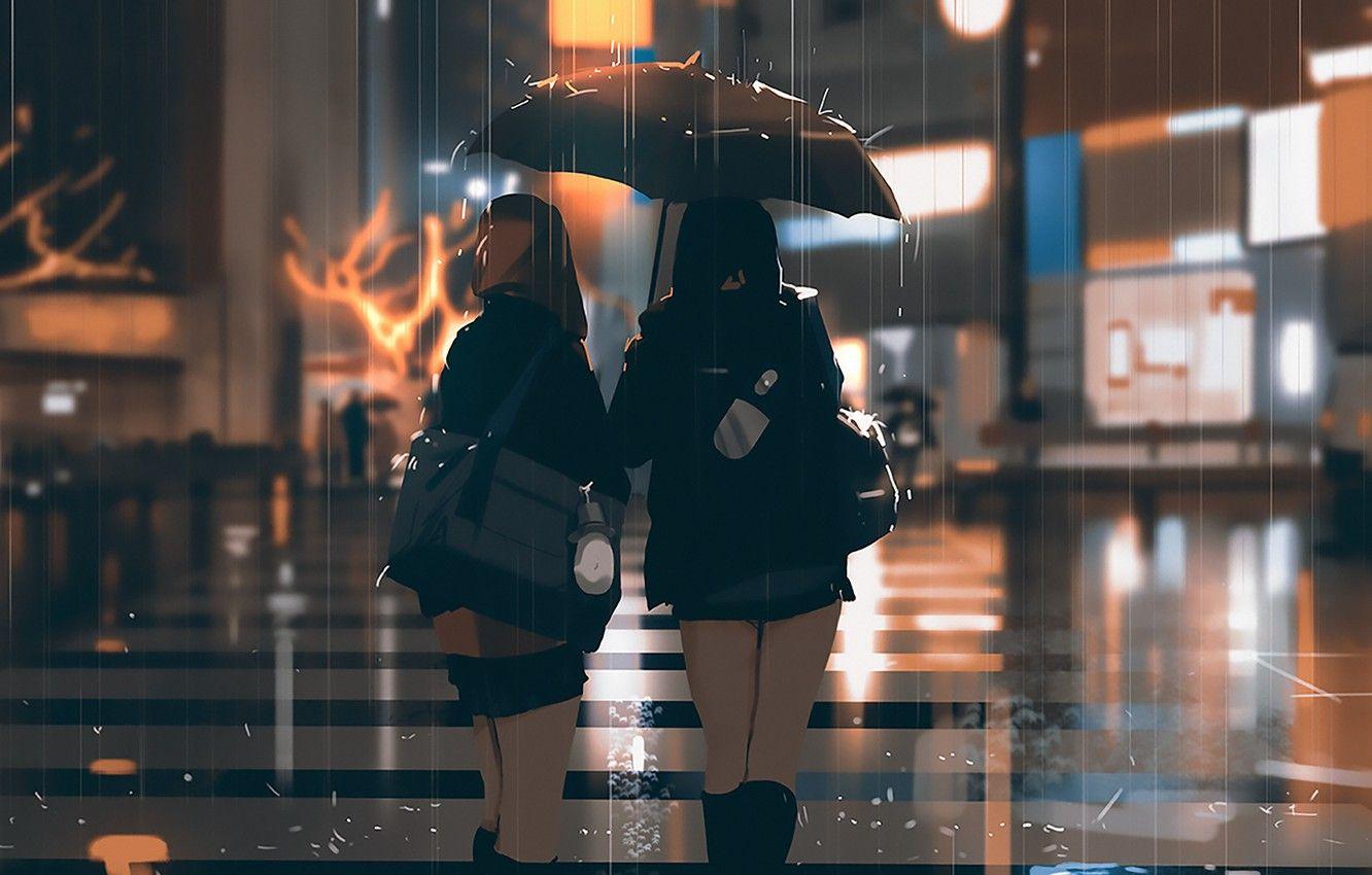1332x850 Wallpaper rain, street, the evening, Japan, lights, bag
