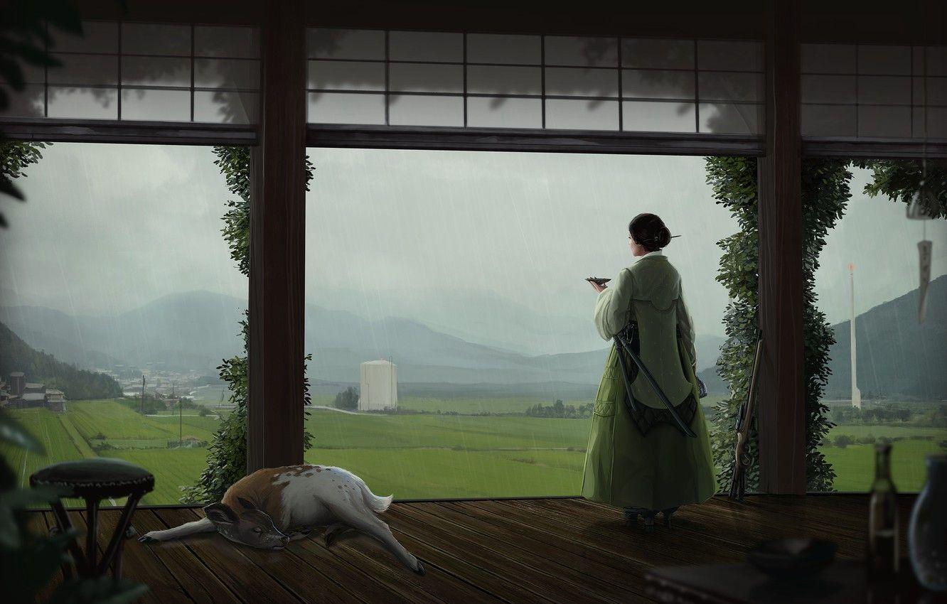 1332x850 Wallpaper Girl, Japan, House, Rain, Girl, House, Japan, Landscape, Rain, Samurai, Animal, Katana, Animal, Deer, Andreas Nilsson, In times of peace image for desktop, section живопись