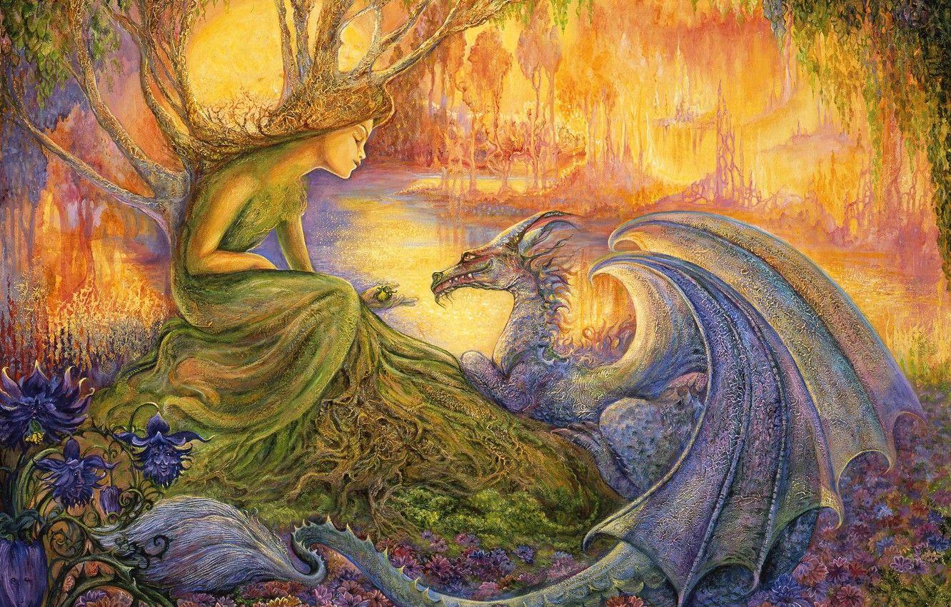 1332x850 Wallpaper trees, flowers, stream, picture, painting, Josephine