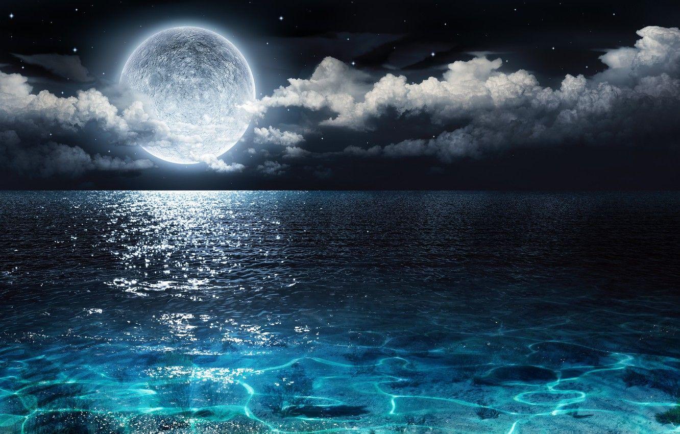 1332x850 Wallpaper sea, night, the moon image for desktop, section рендеринг