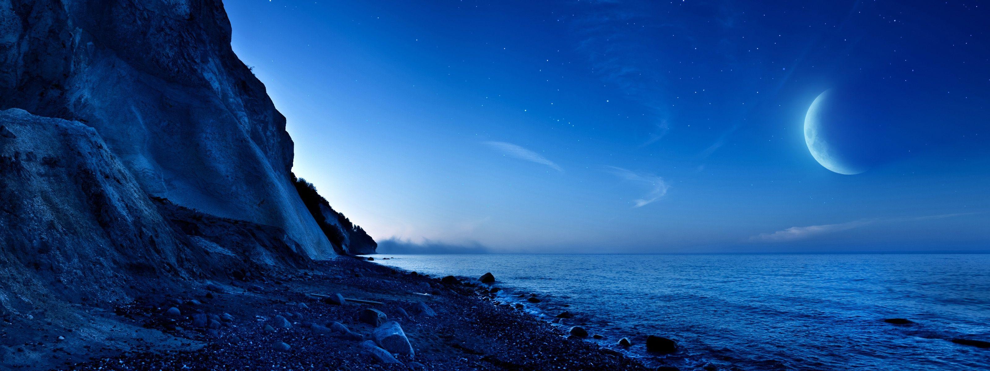 3200x1200 Nightfall Mountain Sea Moon Wallpaper in jpg format for free download