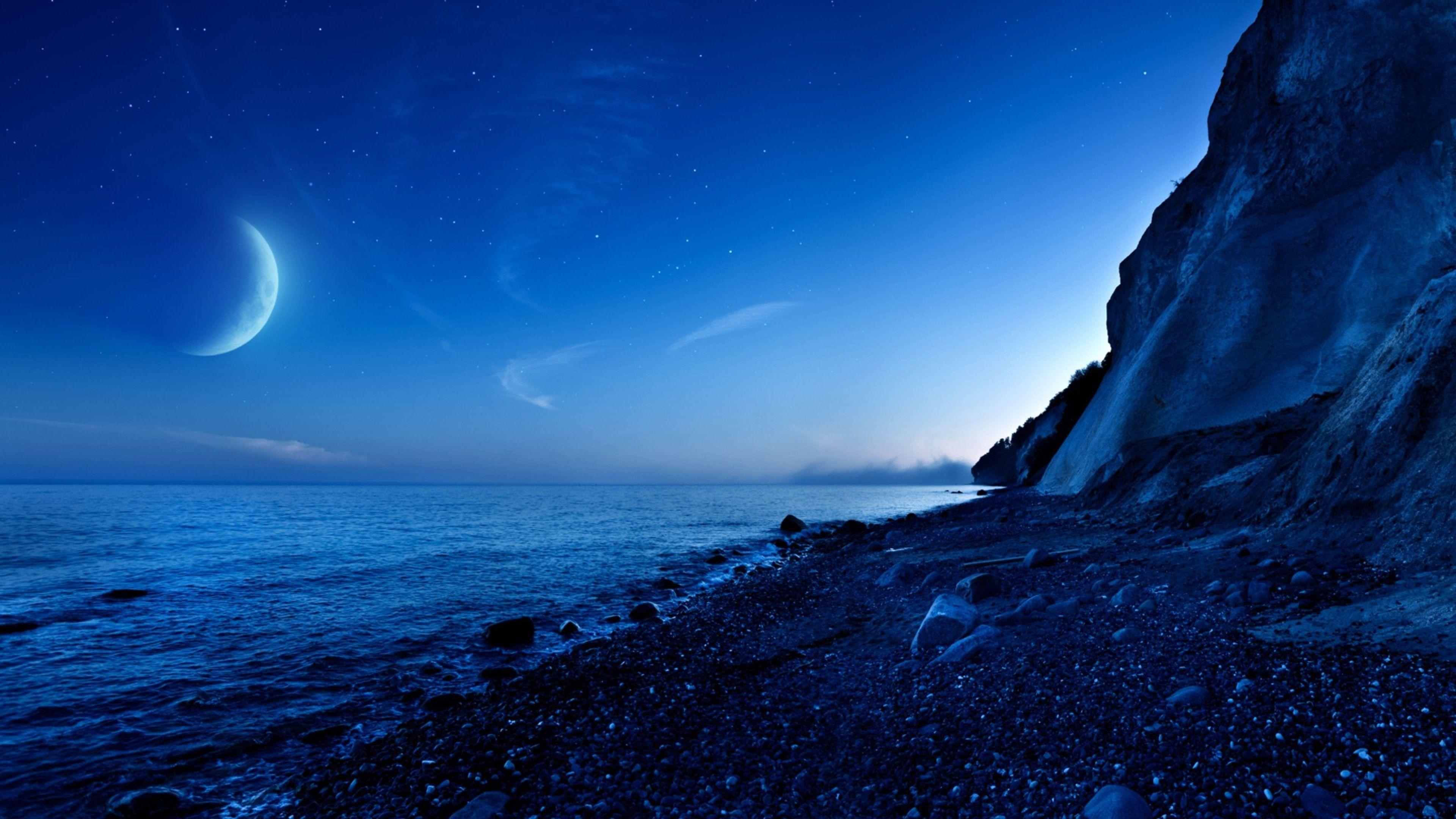 3840x2160 Nightfall Mountain Sea Moon, HD Nature, 4k Wallpaper, Image