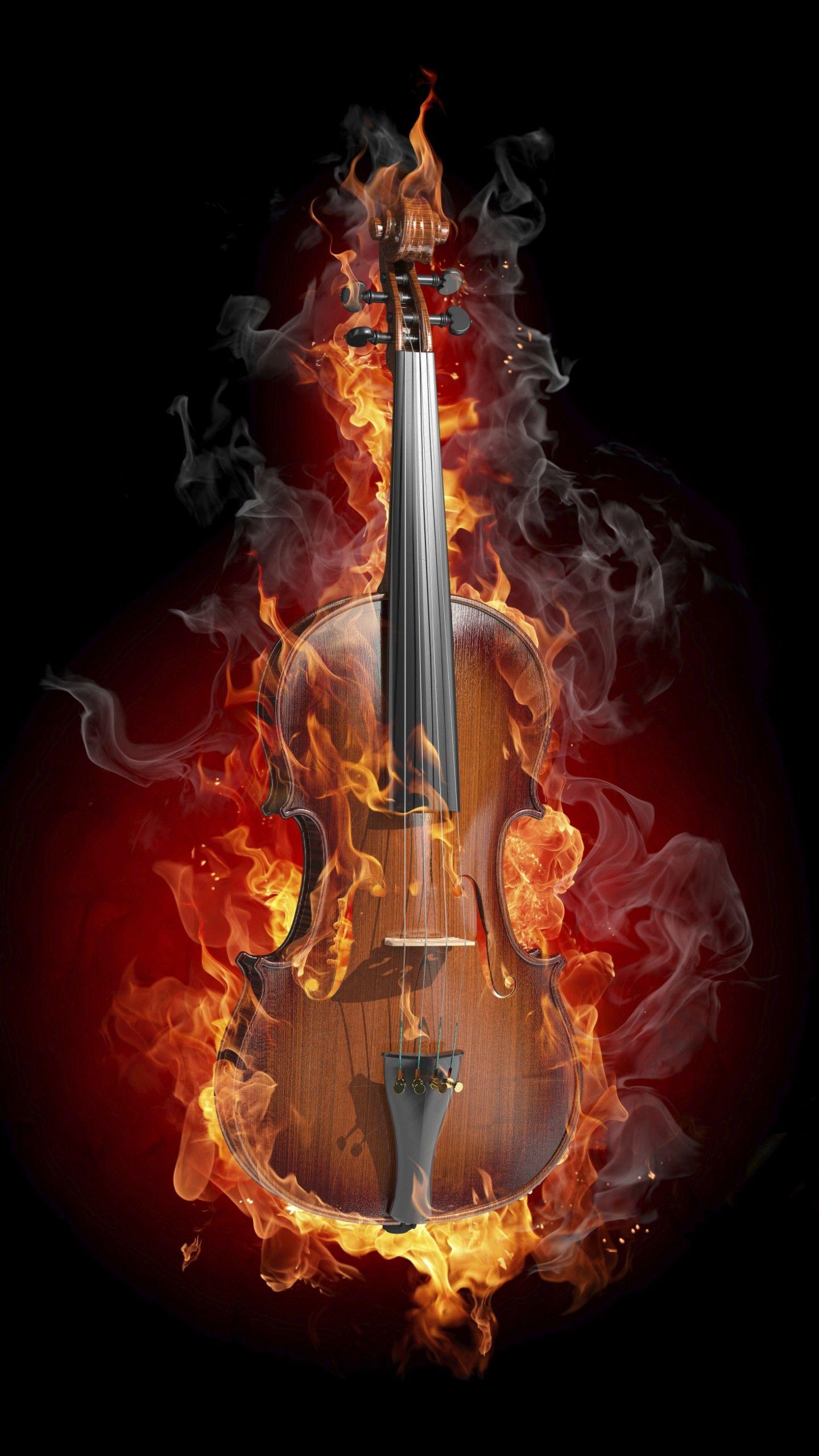 1440x2560 Violin 4K Wallpaper, Fire, Black Background, Black Dark