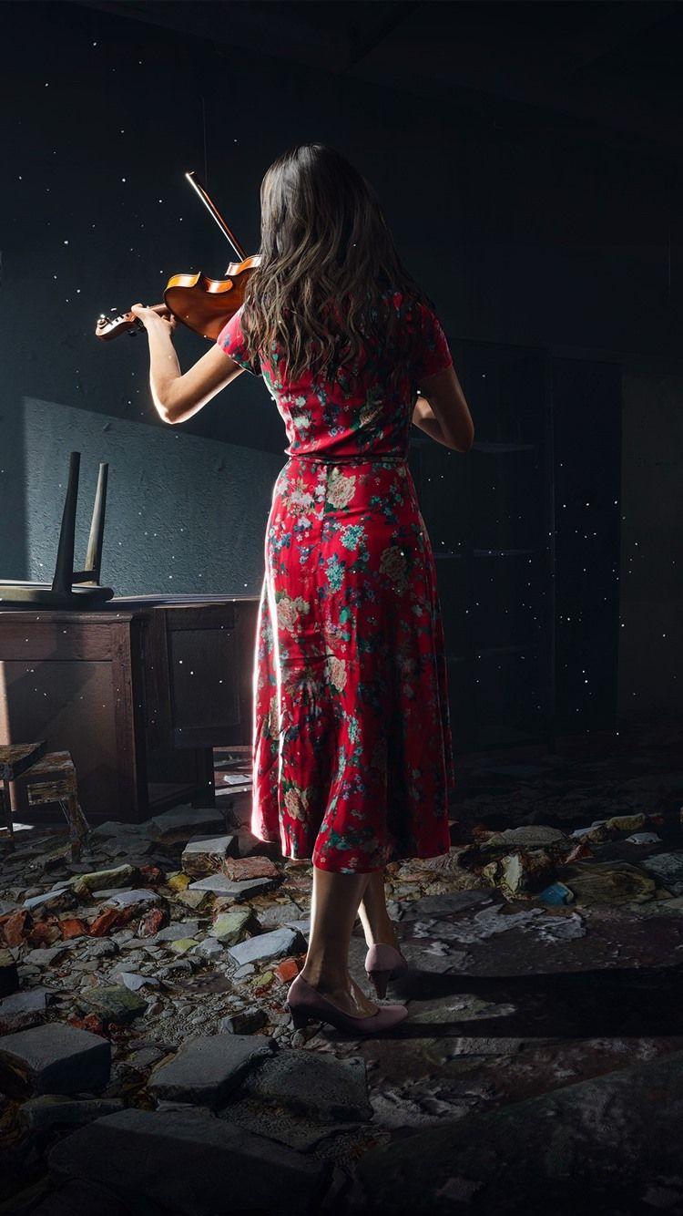 750x1334 Chernobylite PC game, girl, back view, violin 1080x1920