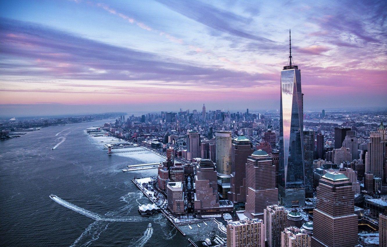1332x850 Wallpaper USA, United States, skyline, sky, water, New York, Manhattan, NYC, New York City, winter, snow, buildings, architecture, freeze, skyscrapers, Hudson River image for desktop, section город