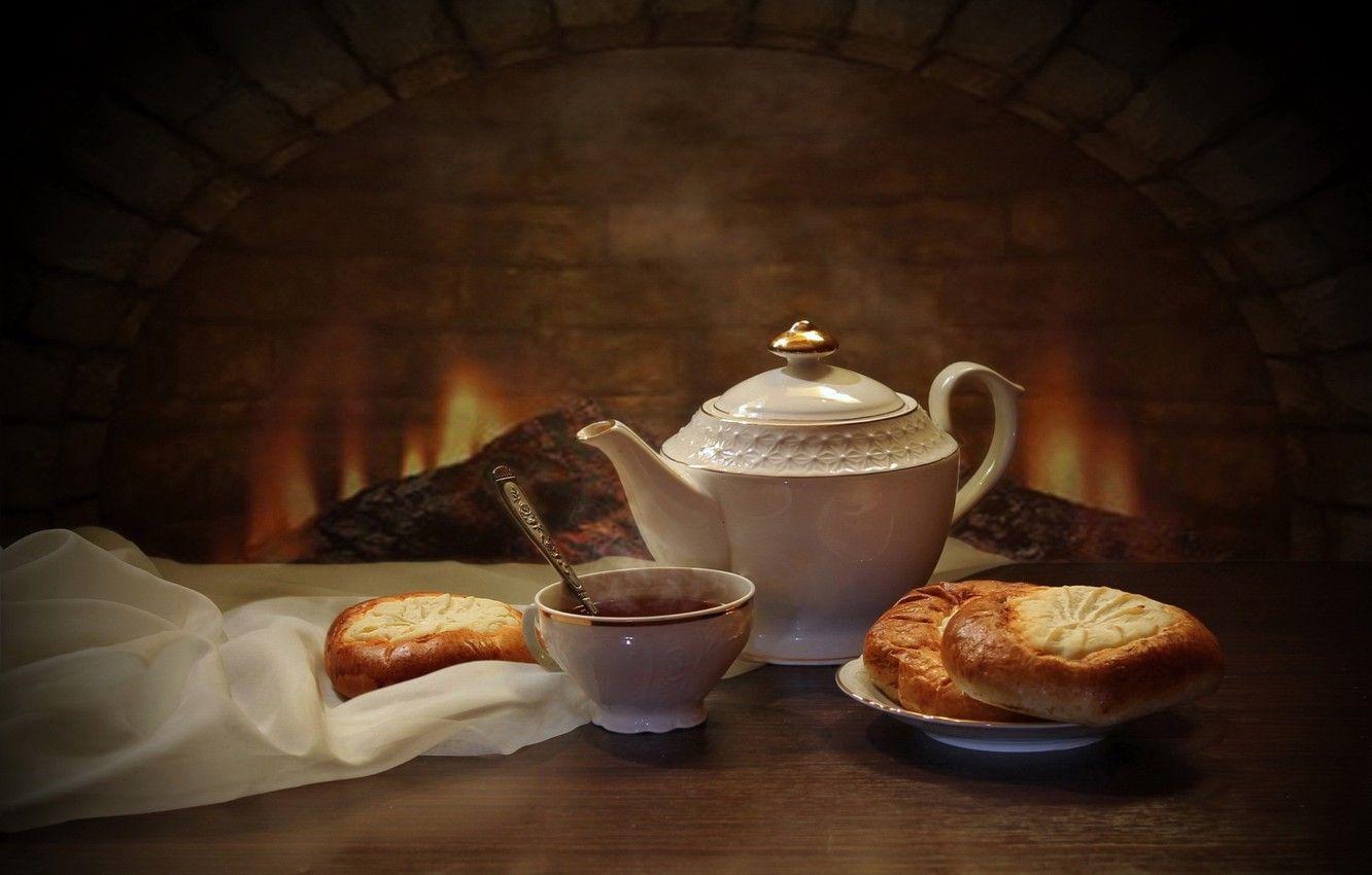 1332x850 Wallpaper tea, kettle, hearth, cheesecake image for desktop